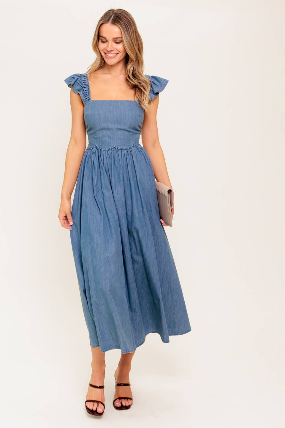 Stylish DRIFTWOOD PETAL CHAMBRAY MIDI DRESS for Women | Floral Print Summer Dress | Perfect for Beach Vacations, Date Nights & Casual Outings
