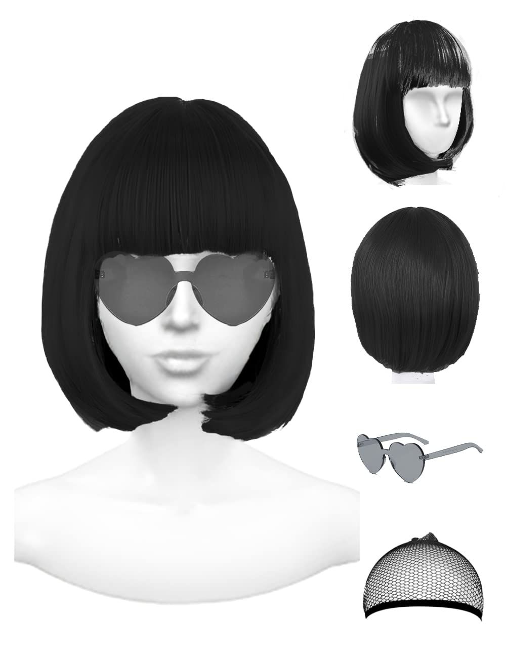 Black Bob Wig with Party Sunglasses - Short Black Wig with Bangs & Neon Glasses for Women | Bachelorette Party, Halloween Costume, Cosplay Accessories