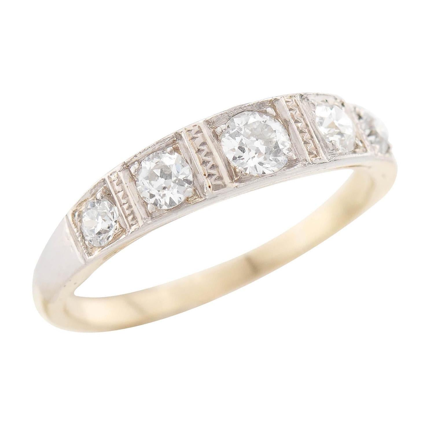 Edwardian 18k Gold & Platinum Diamond Five Stone Ring - Vintage Engagement, Wedding, or Anniversary Jewelry Gift