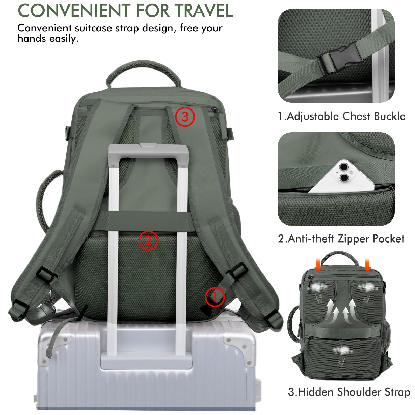 Beraliy 17.3 Inch Travel Backpack for Men & Women - Airline Approved Carry On Laptop Backpack with USB Charging Port - Lightweight Hiking & Overnight Backpack (Olive Green) - Perfect for Business Trips, College Students & Weekend Getaways