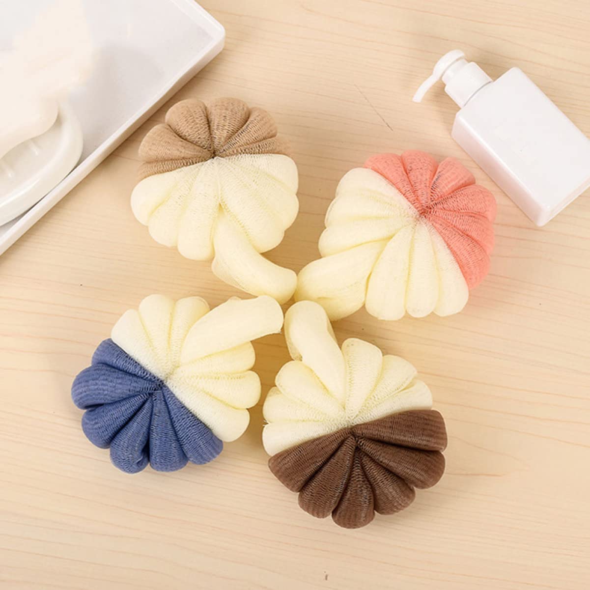 FRCOLOR 5-Pack Shower Bath Sponges - Soft PE Material Exfoliating Bath Flowers for Women & Men, Dense Mesh for Rich Lather, Mixed Colors (Pink/Blue/Green/Yellow/Purple) - Perfect for Daily Body Wash, Spa Day & Gift Ideas