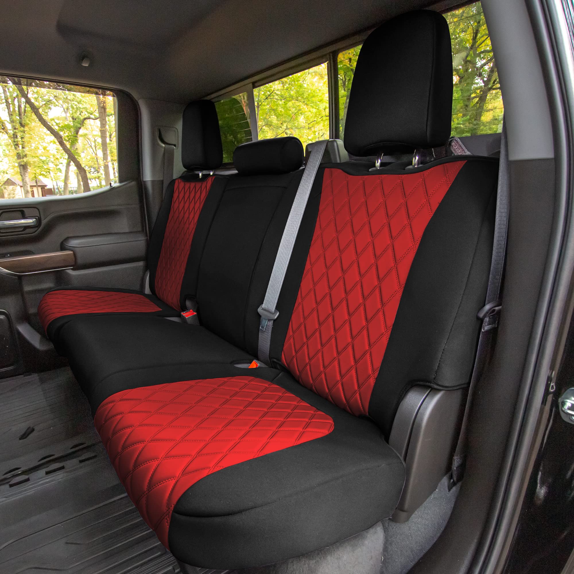Custom Fit Neoprene Seat Covers for Chevrolet Silverado 1500/2500HD/3500HD (2019-2022) - Waterproof Red Rear Seat Covers for RST/LTZ/High Country Trims | Perfect for Off-Roading, Camping & Everyday Protection