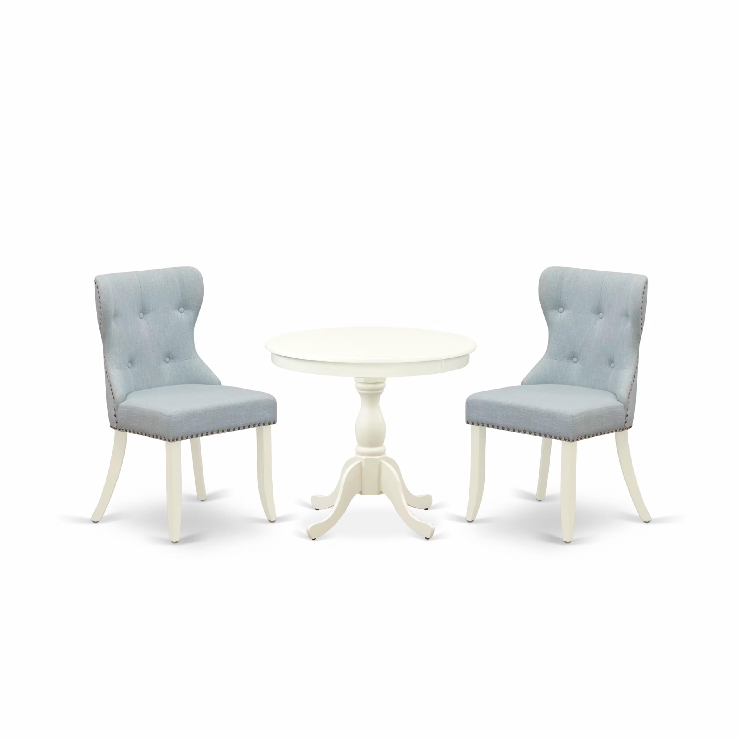 East West Furniture 3-Piece Round Dining Table Set with Pedestal Base & 2 Baby Blue Linen Parsons Chairs - 36x36 Inch Small Space Kitchen Table in Linen White - Perfect for Apartments, Breakfast Nooks & Cozy Dining Areas