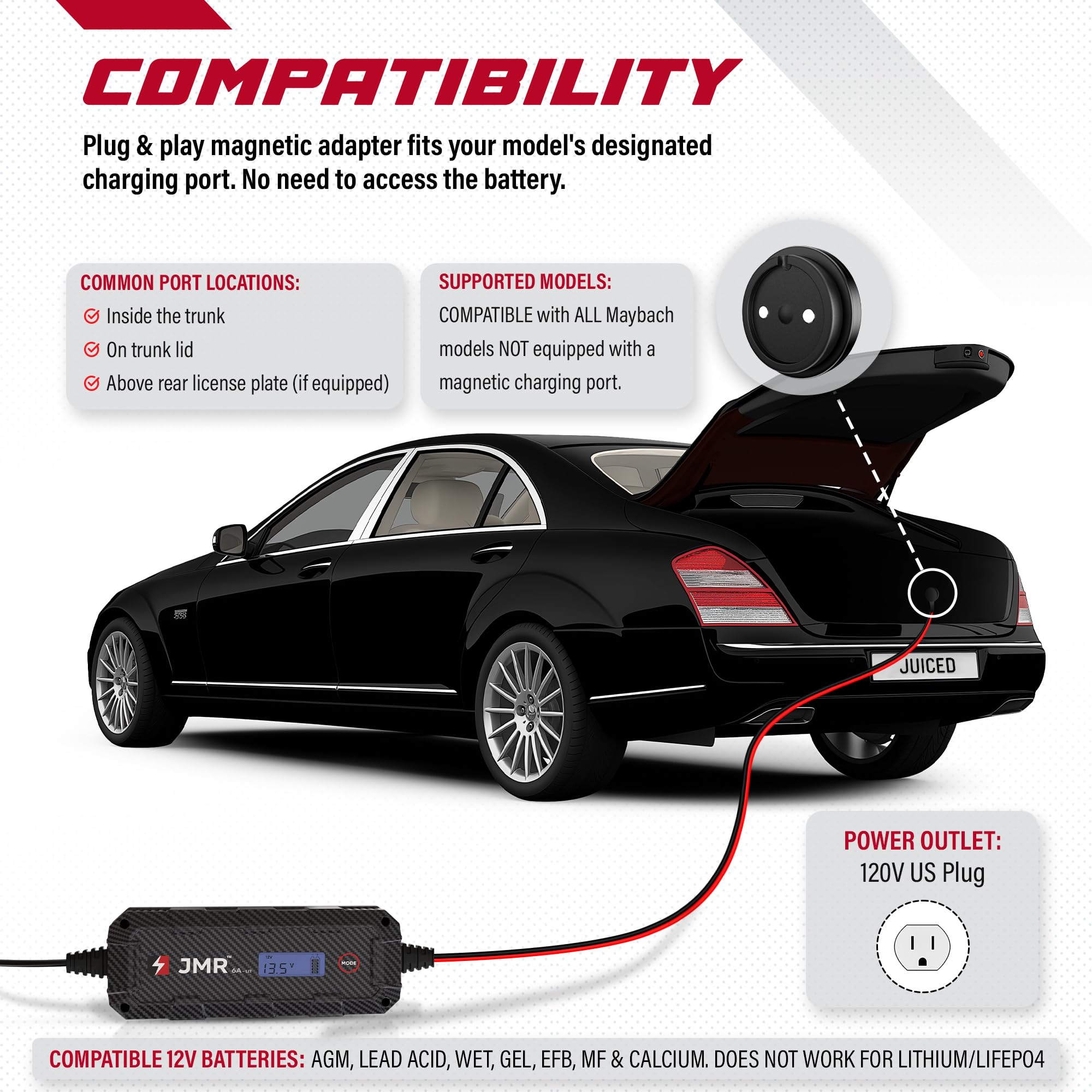 JMR Battery Charger & Maintainer for Mercedes Maybach S-Class GLS 57 62 - 12V Trickle Charger with Magnetic Port - Car Battery Conditioner for All Models - Perfect for Winter Storage & Long-Term Vehicle Maintenance