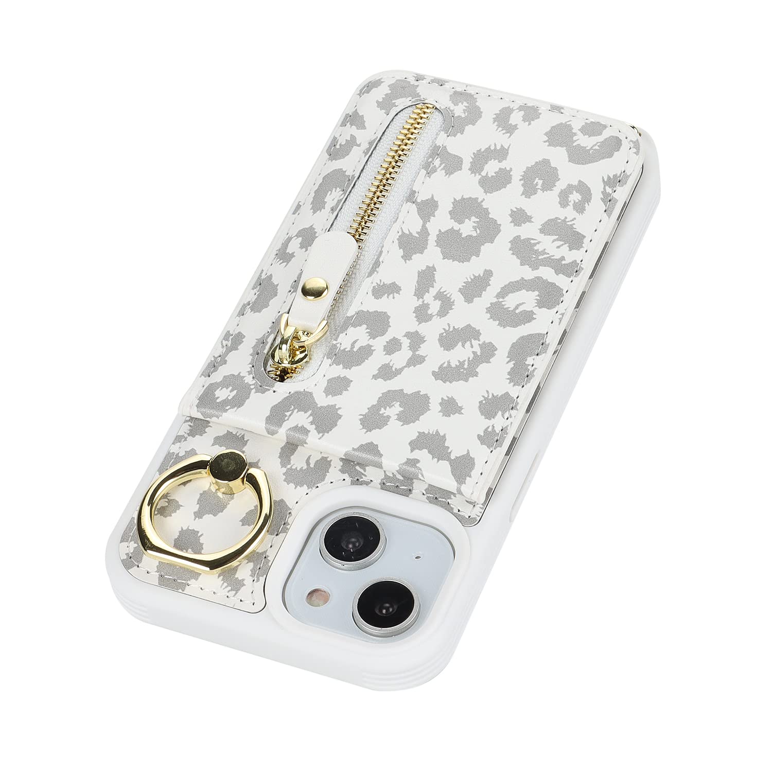 iPhone 13 Phone Case with Card Holder & Strap - Women's Crossbody Bag with Ring Stand & Zipper Wallet - White Leopard Print - Perfect for Travel, Shopping & Everyday Use