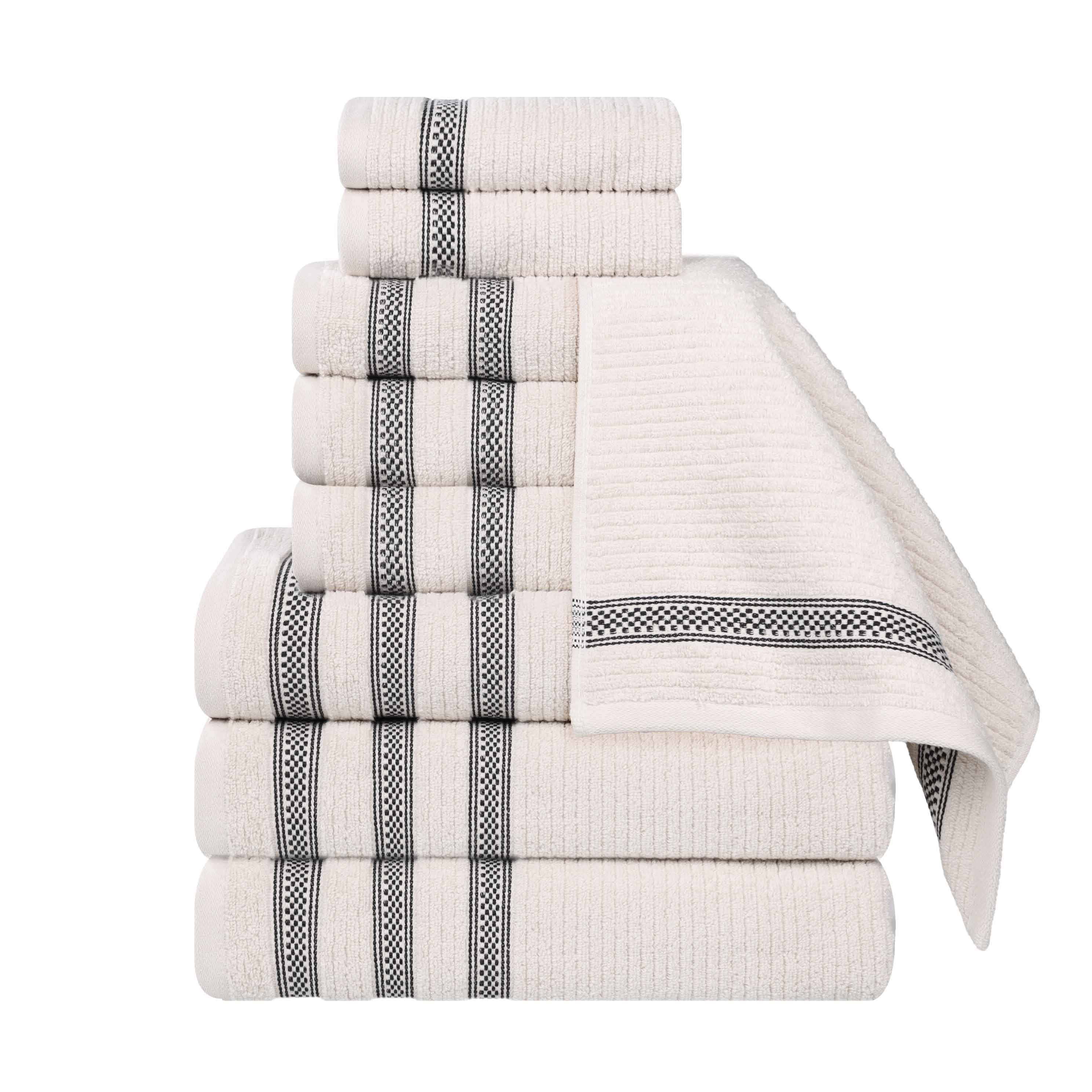 Premium 9-Piece Zero Twist Cotton Ribbed Towel Set with Geometric Border - Ultra Soft & Absorbent Bath, Beach & Spa Towels for Luxury Home & Hotel Use