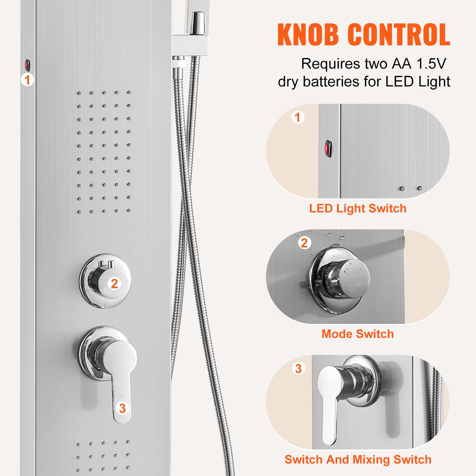 VEVOR Stainless Steel Shower Panel System with 5 Shower Modes - LED Rainfall Shower Head, Waterfall, 2 Body Massage Jets, Tub Spout & Handheld Shower with 59