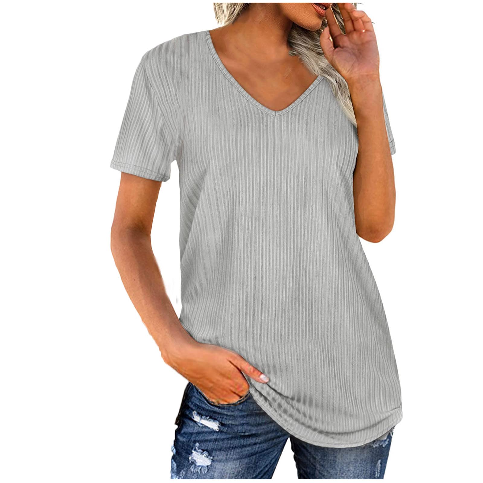 Women's Casual V-Neck Short Puff Sleeve Blouse - Loose Fit Solid Color Pullover Top for Going Out | Most Wished For Choice | Perfect for Office Wear, Date Nights & Weekend Outings