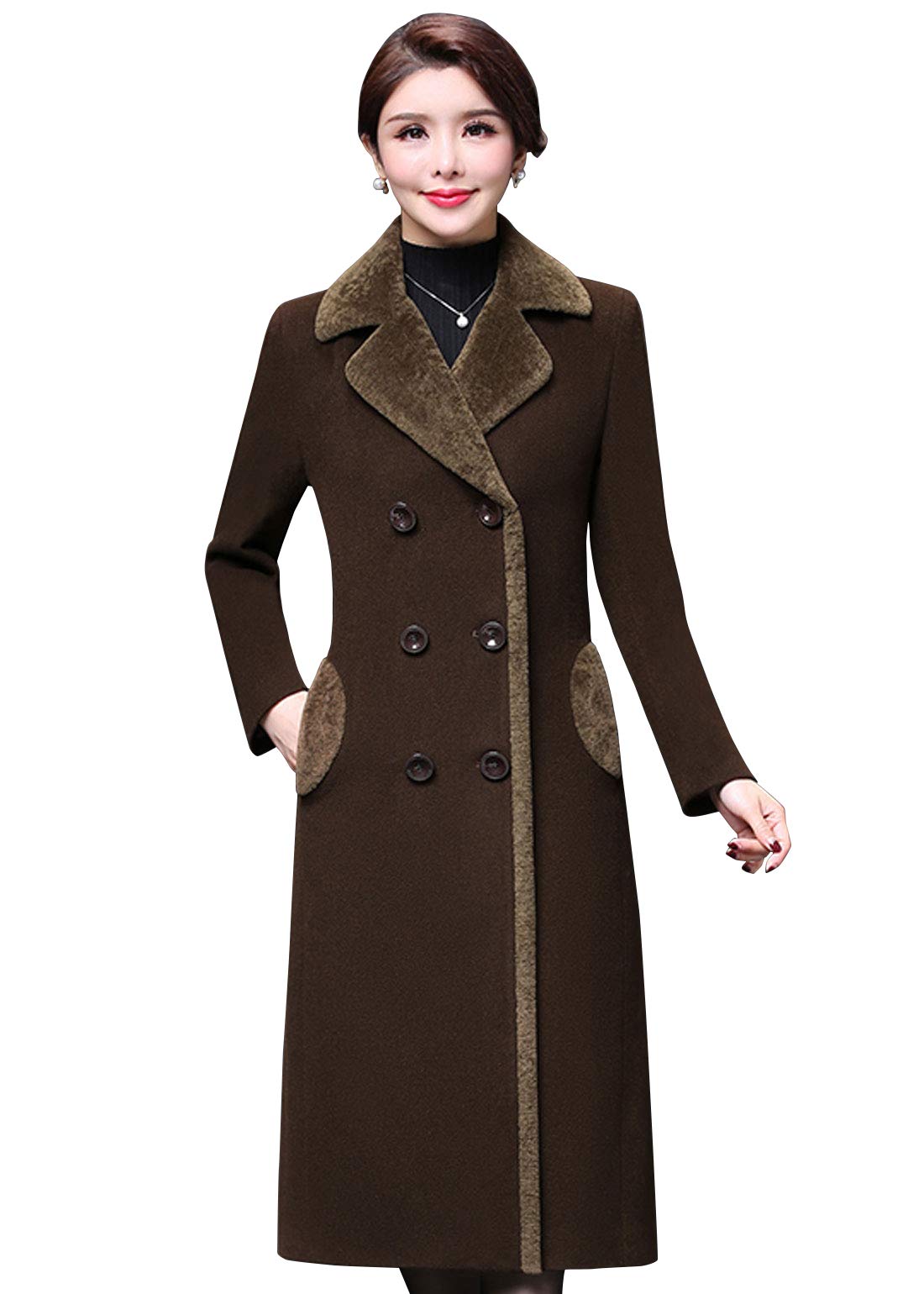 Ebossy Women's Double Breasted Fleece Lapel Wool Blend Winter Coat - Warm Overcoat for Office, Dating & Outdoor Activities