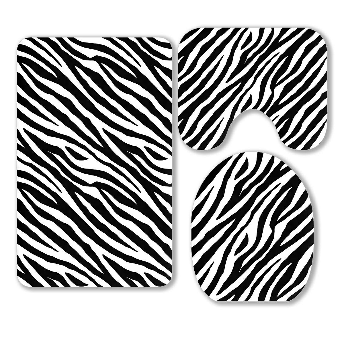 ECZJNT Zebra Print 3-Piece Bathroom Rug Set - Black and White Contour Mat, Toilet Lid Cover | Non-Slip, Soft & Absorbent for Bathroom, Laundry Room, Dorm Decor