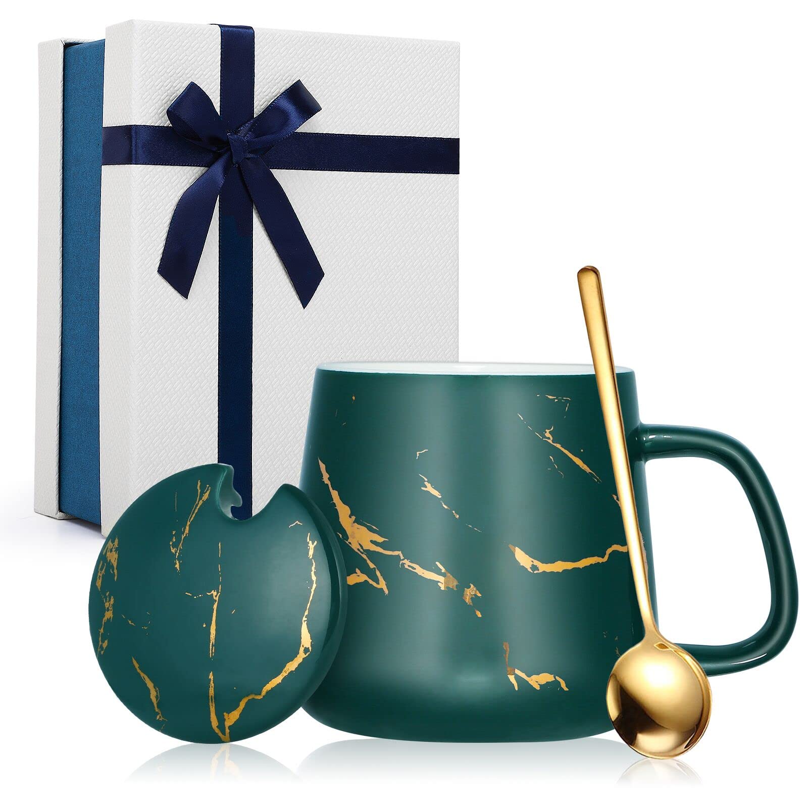 Premium Marbled Ceramic Coffee Mug with Lid & Spoon - 12 oz (350ml) Latte, Cappuccino, Cocoa & Tea Cup - Perfect for Home, Office & Gifts (Green)
