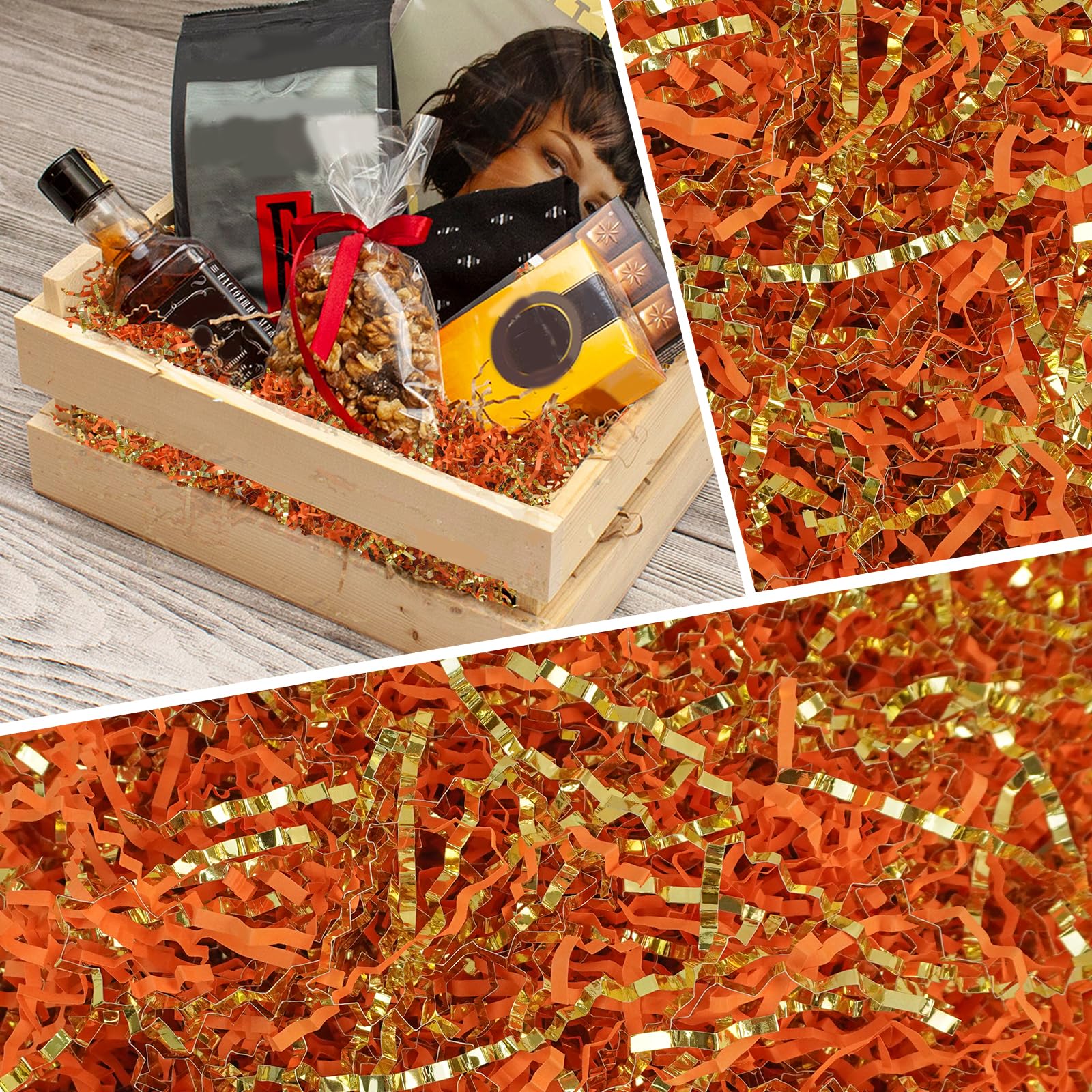 TORONTOKYO 2 LB Crinkle Cut Shredded Paper - Orange & Gold Gift Wrapping Filler, Basket Stuffing for Fall, Thanksgiving, Birthday, Wedding & Party Decorations | Perfect for Autumn Centerpieces, Gift Baskets, Table Scatters and Seasonal Crafting