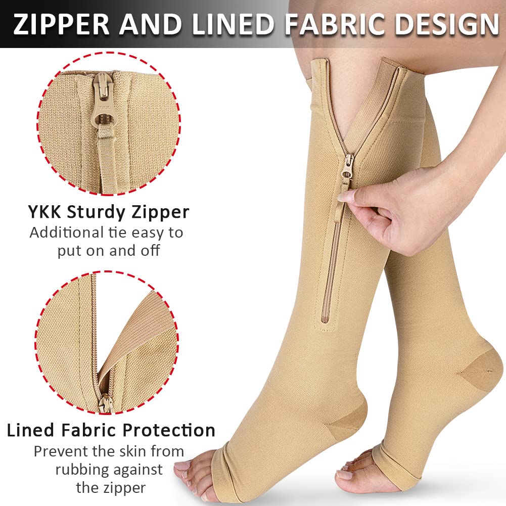 Ailaka Medical Compression Socks with Zipper - 15-20 mmHg Knee High Support Socks for Women & Men - Open Toe for Varicose Veins, Edema, Pregnancy & Nurse Recovery - Ideal for Hospital Work, Travel & Post-Surgery Comfort