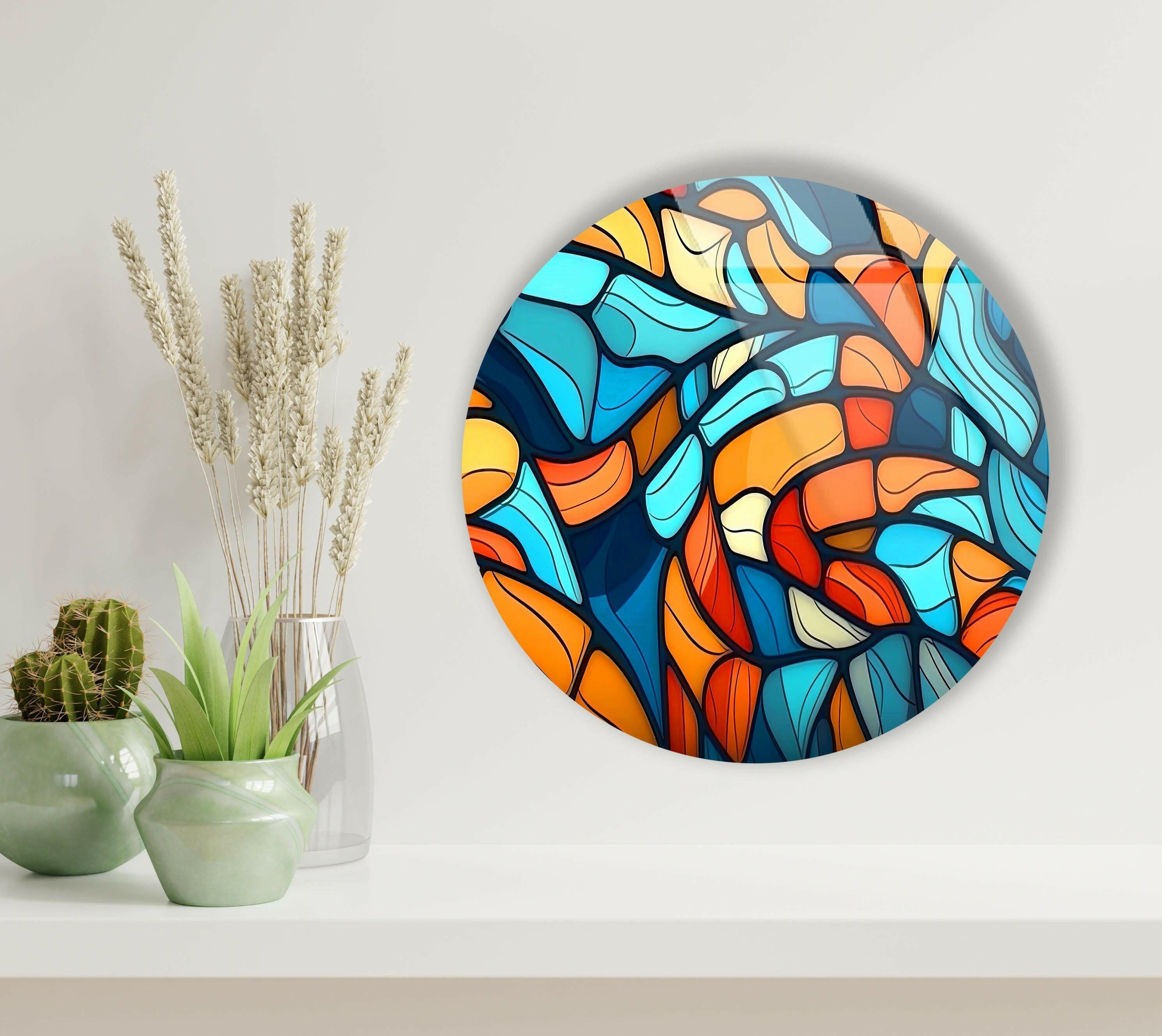 Vibrant Blue & Orange Mosaic Round Glass Wall Art - Handmade Decorative Mirror for Living Room, Bedroom, or Bathroom Décor
