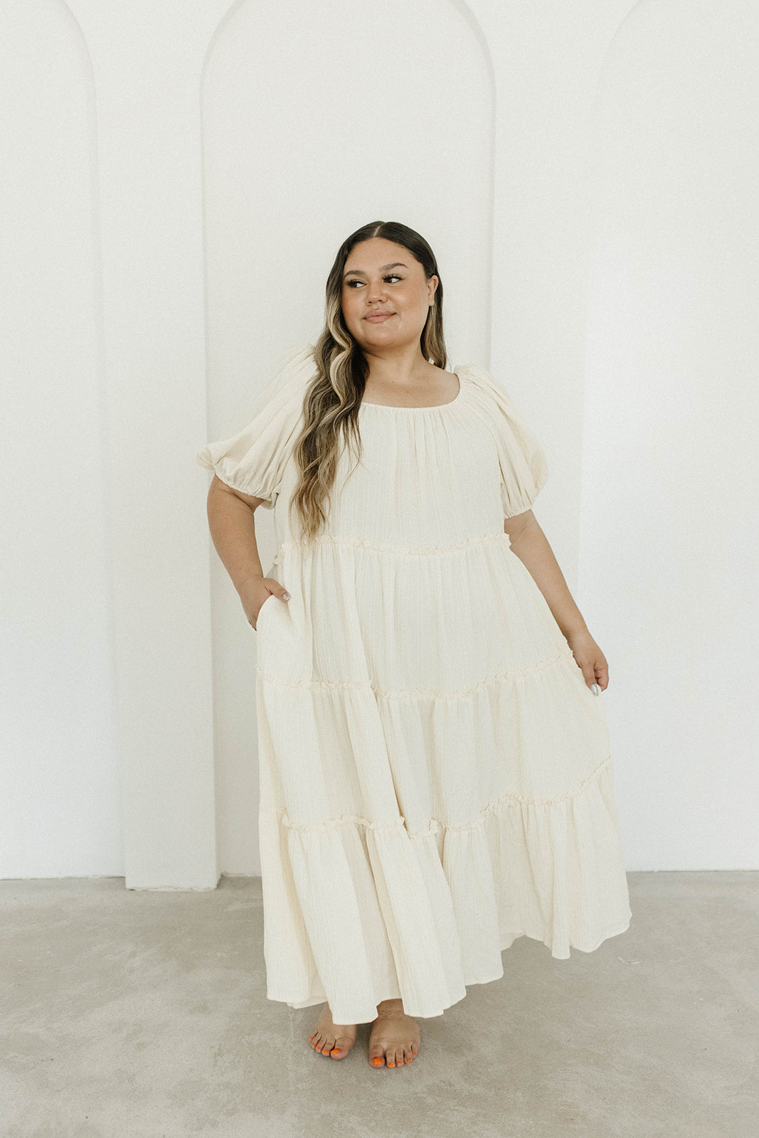 Eva Puffed Sleeve Maxi Dress in Cream - Bump Friendly Maternity Dress with Inclusive Sizing (S-3XL) | Perfect for Weddings, Baby Showers & Summer Vacations