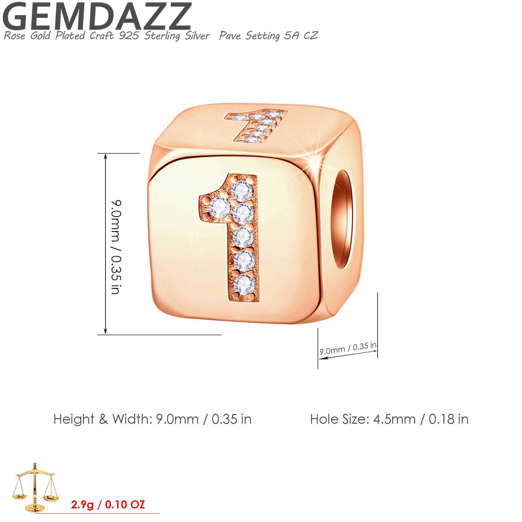 925 Sterling Silver Rose Gold Dice Charms with CZ - Lucky 0-9 Numbers & Poker Card Beads for European Bracelets | Perfect Birthday Gifts for Friends, Mom & Teacher | Jewelry Making & DIY Bracelet Accessories