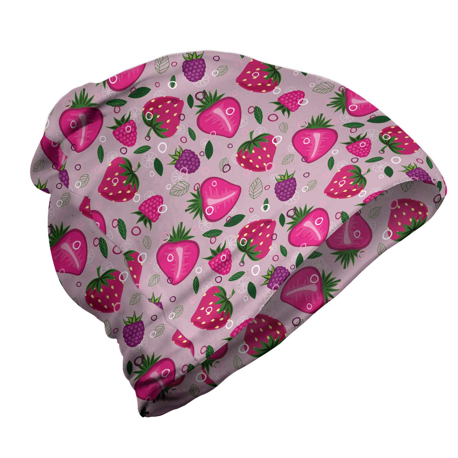 Ambesonne Unisex Beanie - Strawberry & Raspberry Print Winter Hat for Men & Women - Warm Knit Beanie for Hiking, Skiing, and Outdoor Activities