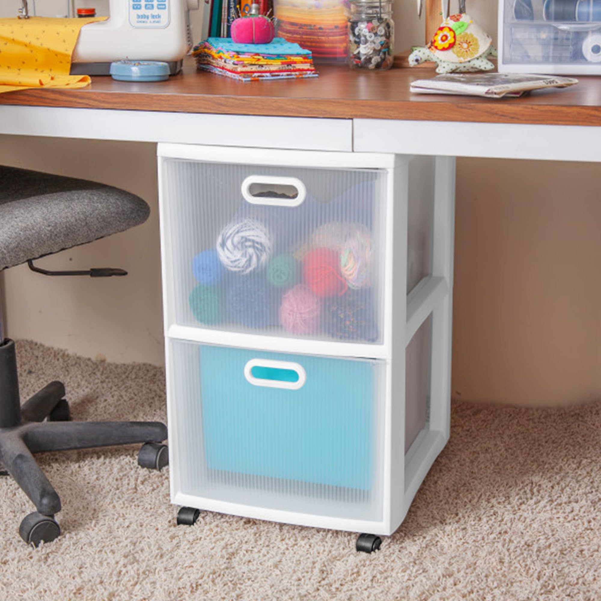 Sterilite Ultra 2-Drawer File Storage Cart with Wheels - White Plastic Rolling Organizer for Office, Desk, Home - 6-Pack Set with Textured Clear Drawers - Perfect for Document Filing, School Supplies & Workspace Organization