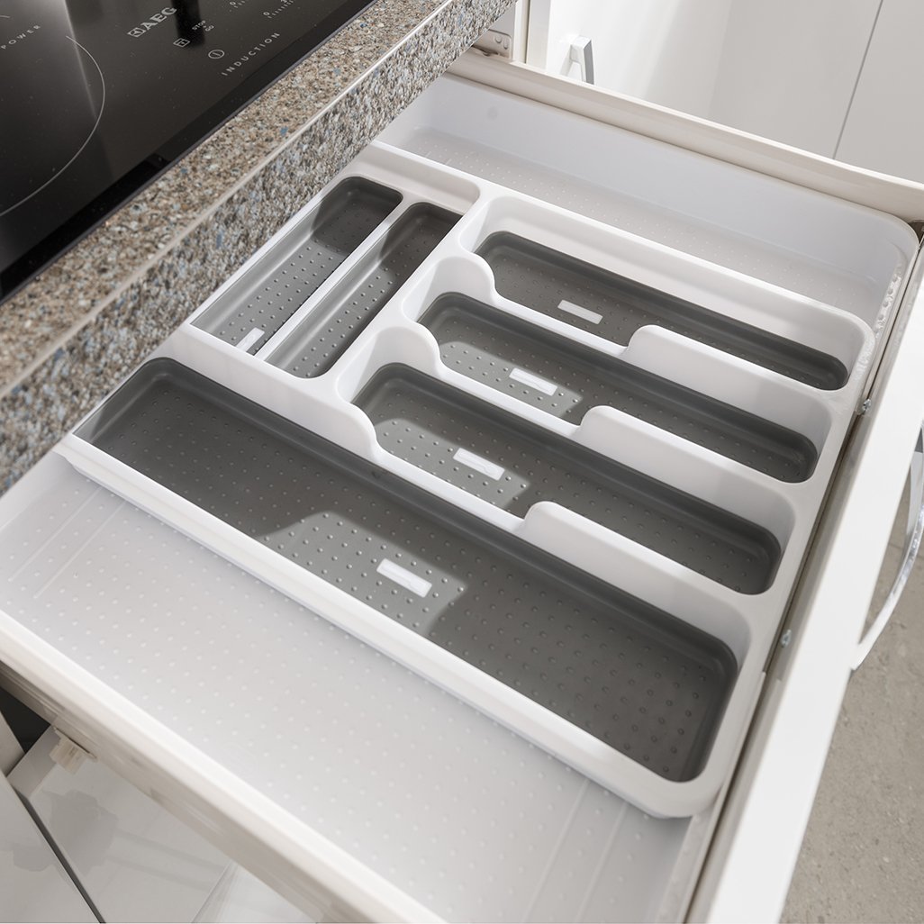 Addis Expandable Drawer Organizer for Kitchen Utensils - 6 to 8 Adjustable Compartments - White/Grey (34-58.5 x 41.5 x 5 cm) - Perfect for Cutlery, Spoons, Knives & Cooking Tools Storage