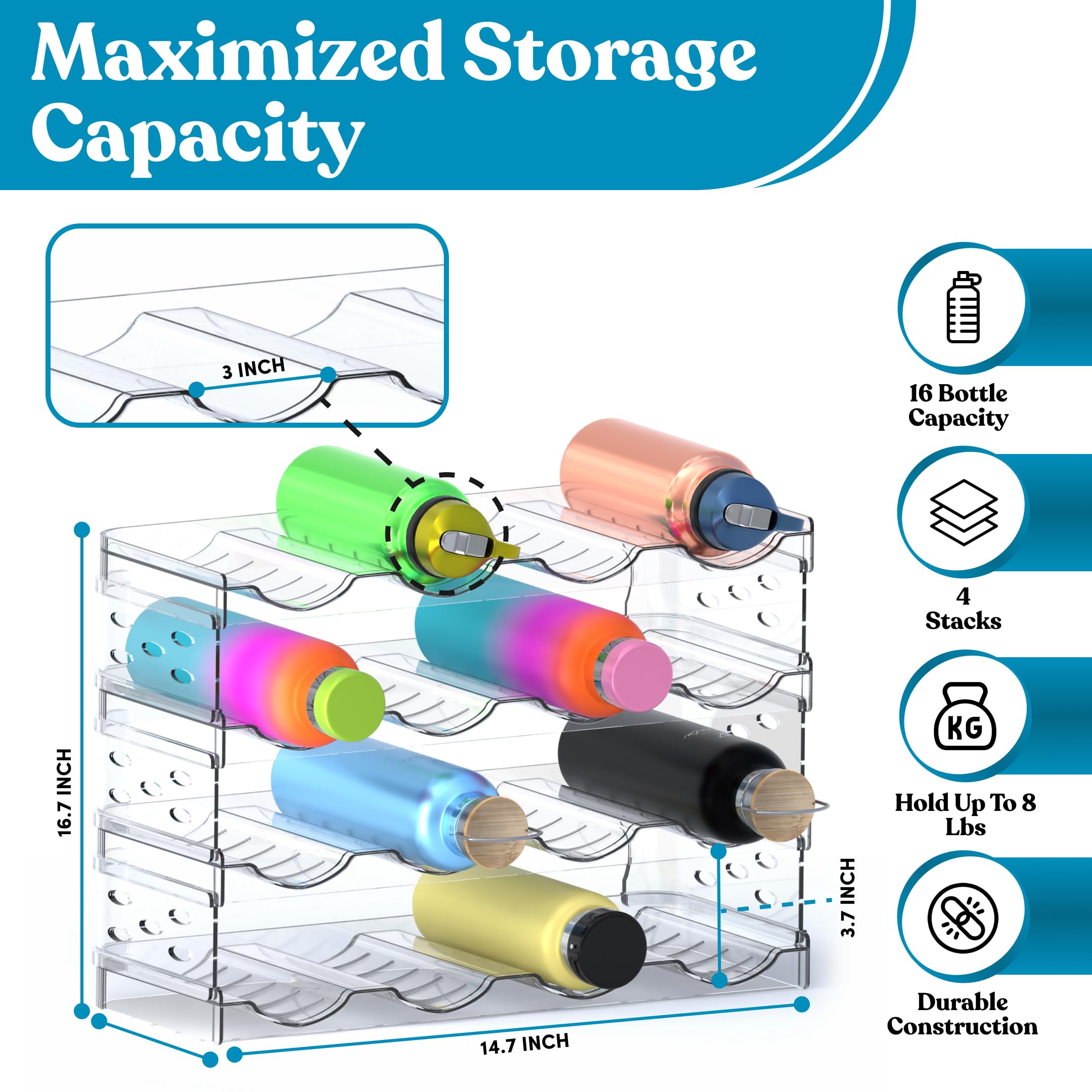 4-Tier Stackable Water Bottle Organizer for Cabinet & Pantry - Holds 16 Bottles, Space-Saving Tumbler Storage Rack for Refrigerator or Countertop - Perfect for Kitchen, Office & Dorm Organization