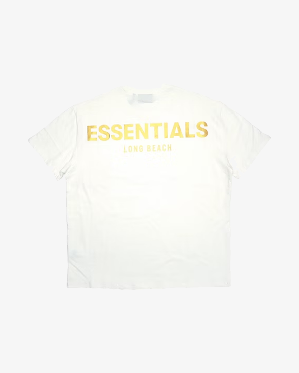 FOG Essentials Long Beach Exclusive Gold Reflective Logo White T-Shirt - Streetwear Fashion for Men & Women | Casual Wear, Urban Style, Everyday Outfits