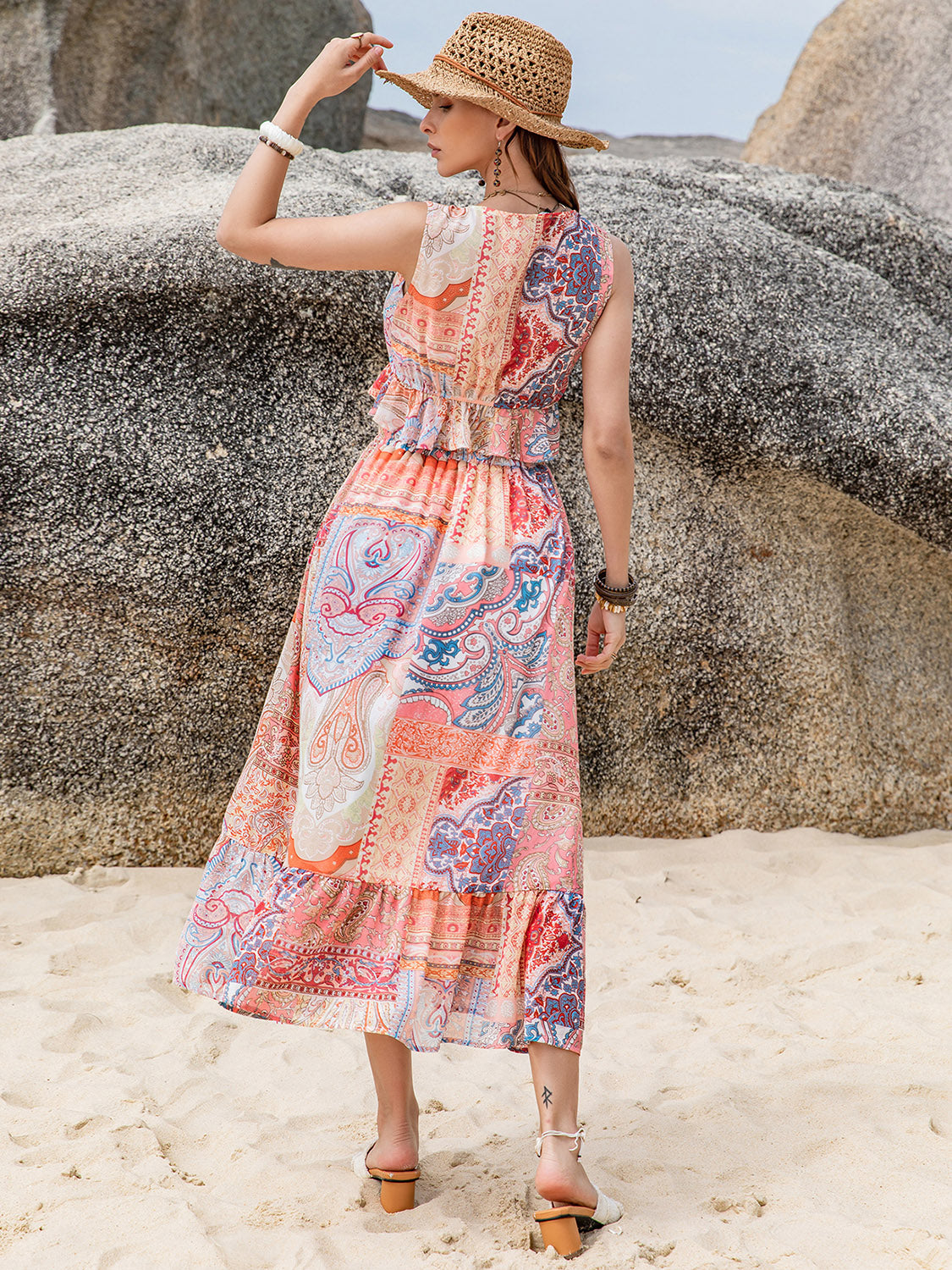 Boho Chic Off Shoulder Top & Flowy Midi Skirt Set - Women's Summer Beach Outfit for Vacation, Music Festivals & Tropical Getaways