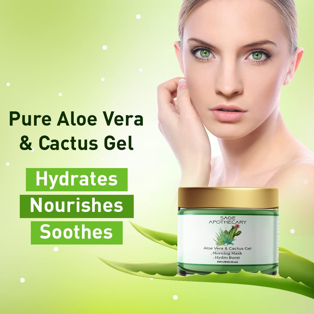 Organic Aloe Vera & Cactus Moisturizing Gel for Face & Body - Hydrating, Soothing & Glowing Skin Care - Perfect for Dry Skin Relief & Daily Hydration - Use for Sunburn, After Shave & Nighttime Skincare Routine