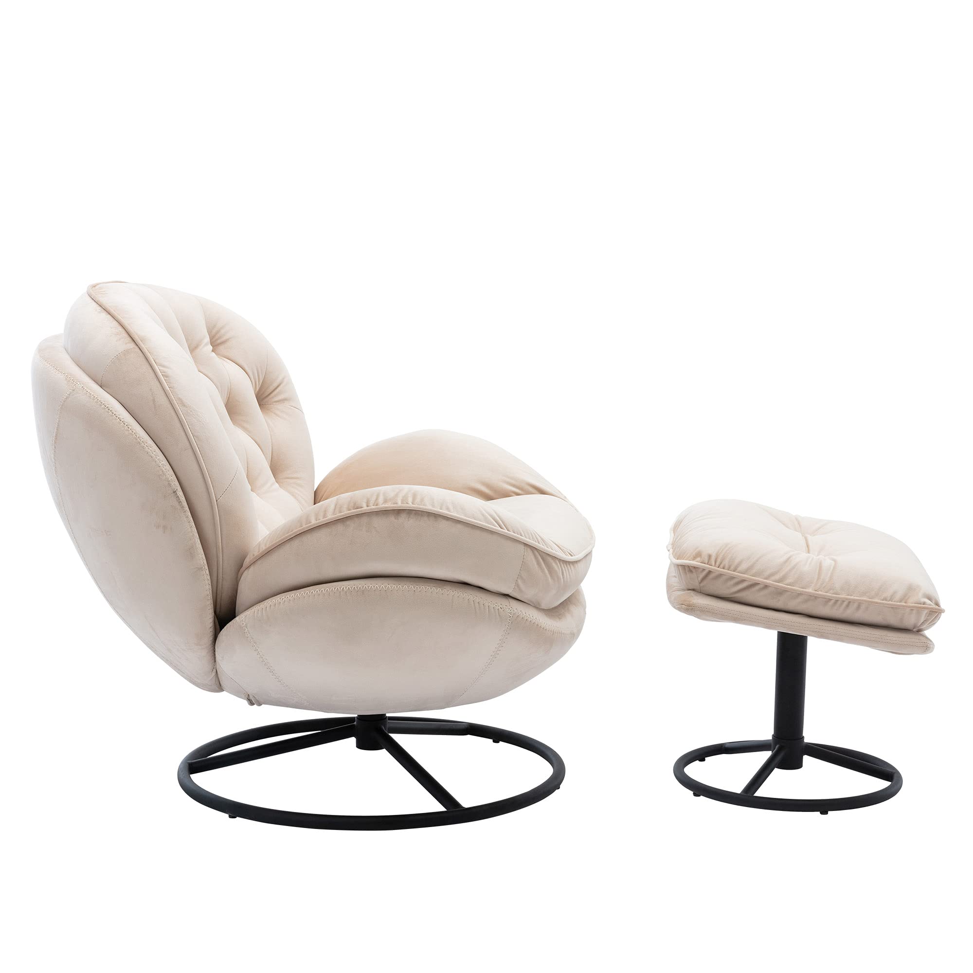 NIOIIKIT 360° Swivel Velvet Accent Chair with Ottoman - Plush Upholstered Lounge Chair with Footrest, Comfortable Cushioned Recliner Armchair for Living Room, Bedroom & Office - Perfect for Relaxing, Reading & Entertaining Guests (Beige)