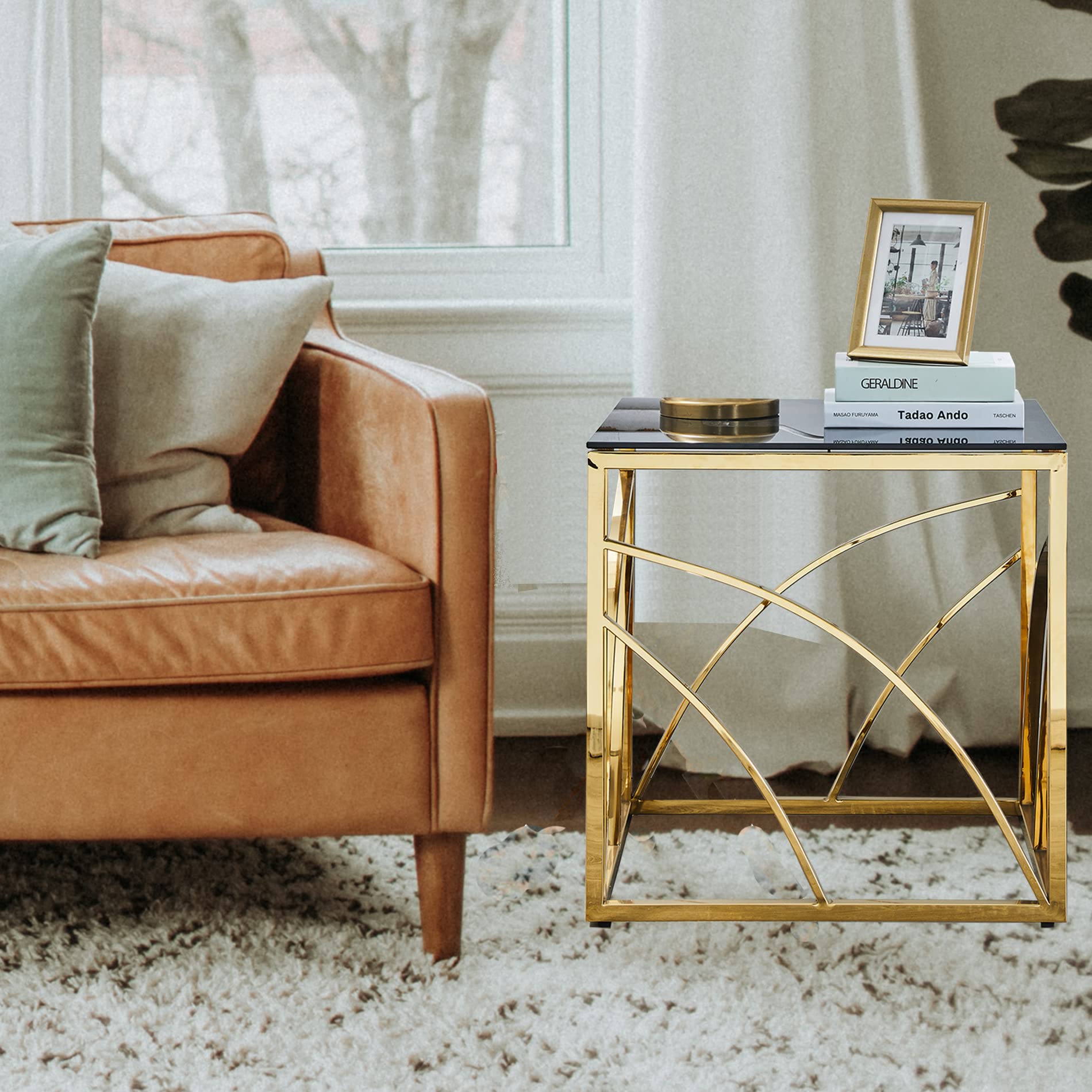 Minimalist Square Glass End Table - Gold Modern 21.45