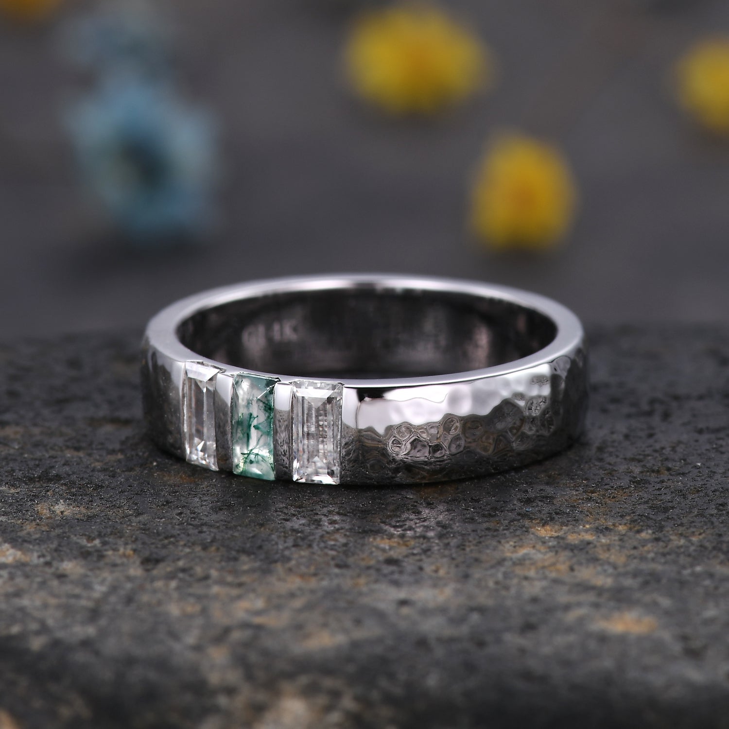 Men's 5mm Hammered White Gold Wedding Band with Three Stones - Perfect for Engagement, Anniversary, and Everyday Wear