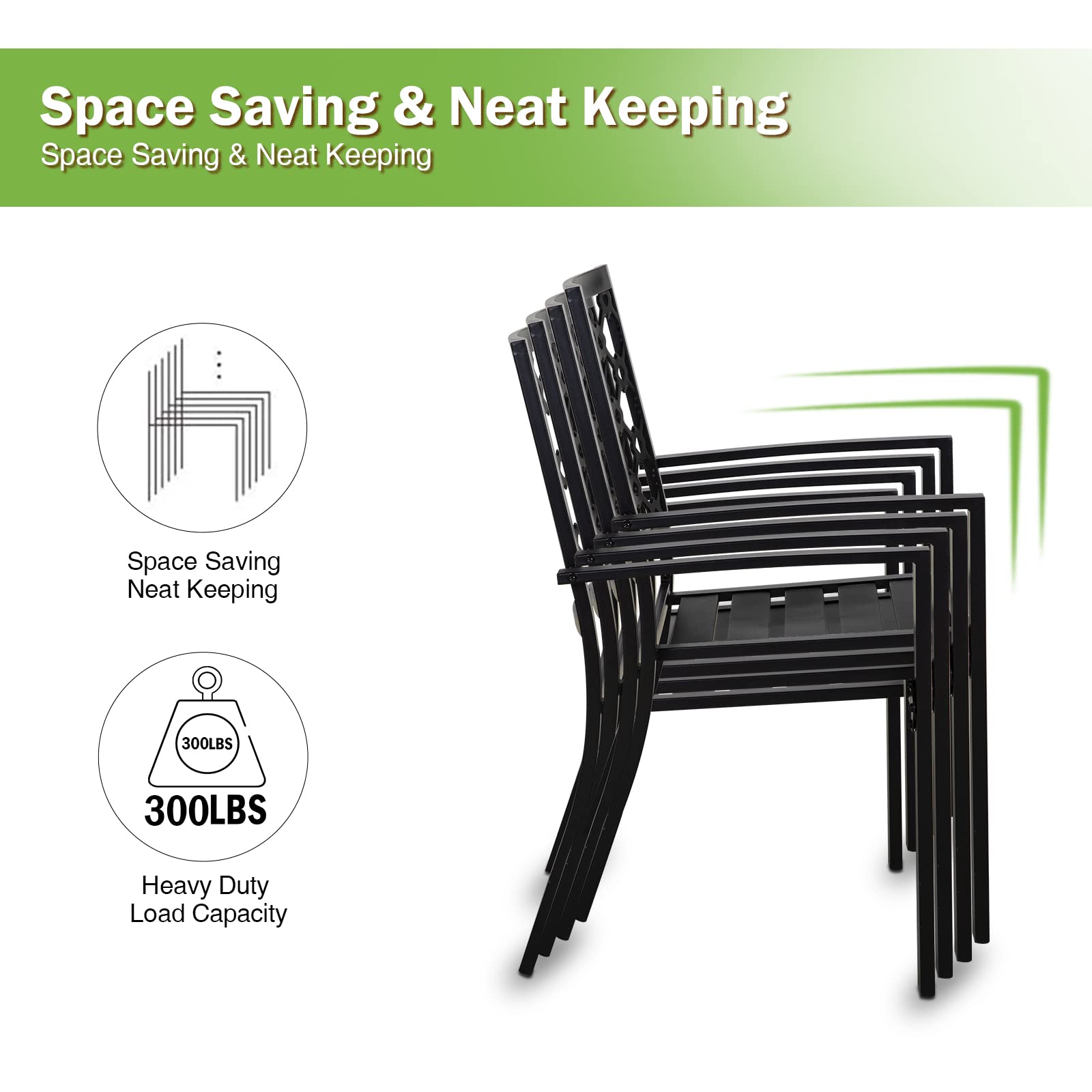 MEOOEM 4-Piece Outdoor Dining Chairs Set - Stackable Metal Patio Chairs with Arms for Backyard, Garden, Poolside - Weather-Resistant Black Finish - Perfect for BBQs, Picnics & Outdoor Entertaining
