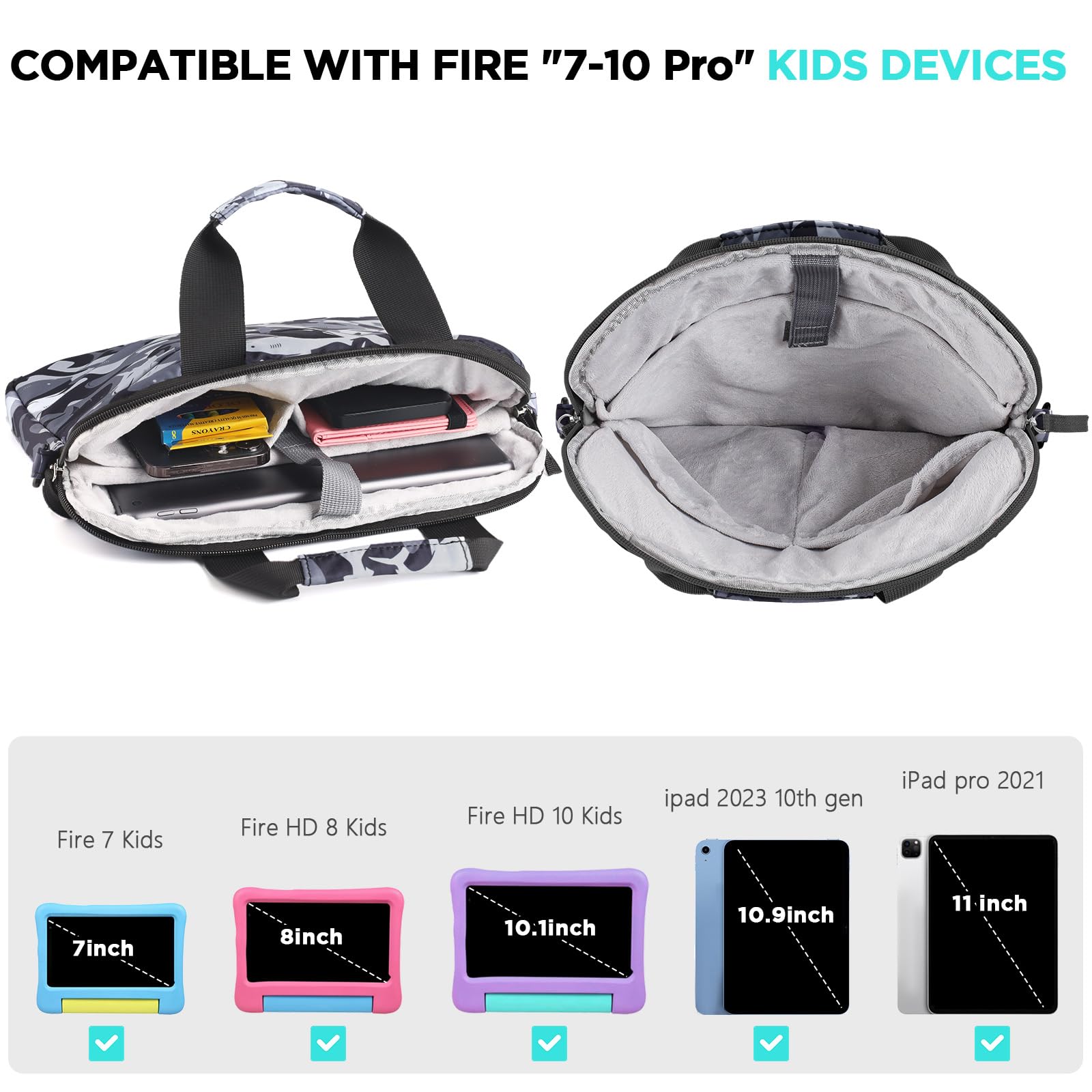 Durable Kids Tablet Case for Boys & Girls - Protective Sleeve Bag Compatible with Fire HD 10, Fire HD 8, Fire 7 & Kindle (Shark Black) - Perfect for School, Travel & Home Use