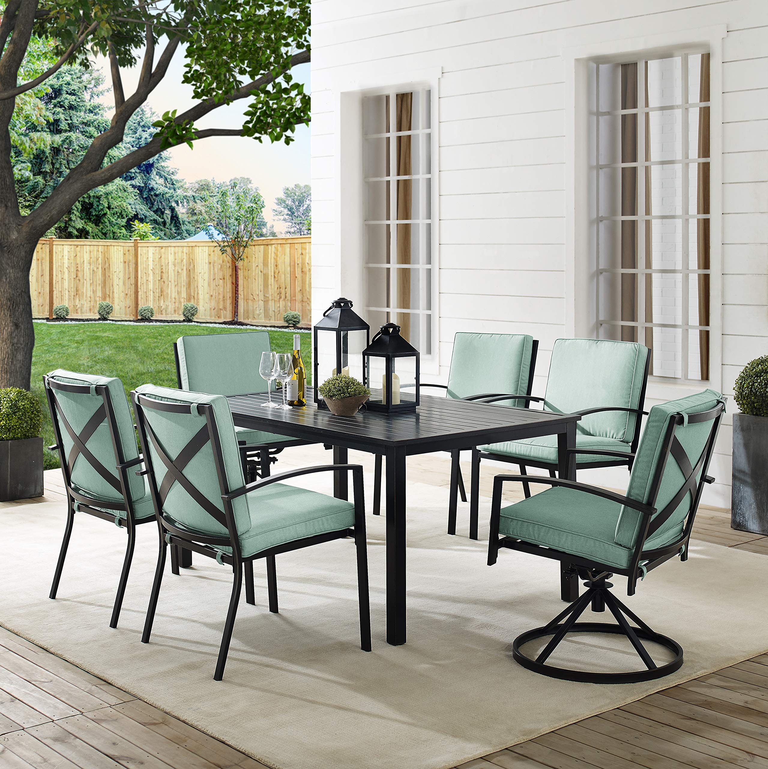 Crosley Furniture Kaplan 7-Piece Outdoor Dining Set for 6 - Patio Table and Chairs in Oiled Bronze with Mist Cushions - Perfect for Backyard, Deck, Garden, and Outdoor Entertaining