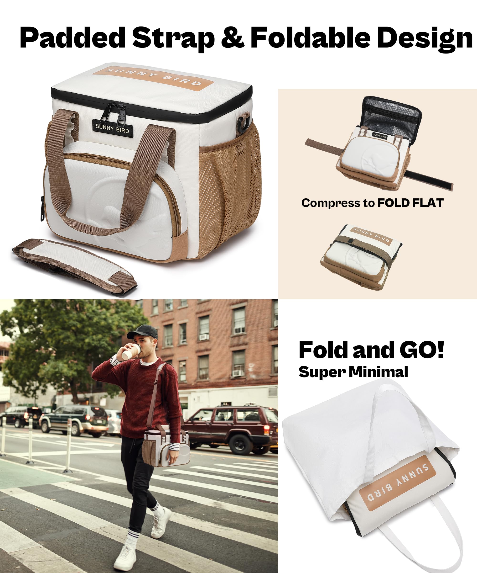 12L Large Insulated Lunch Bag for Adults - Leakproof & Foldable Cooler Box Fits 18 Cans | SUNNY BIRD Ivory White | Perfect for Office, School, Picnics & Outdoor Activities