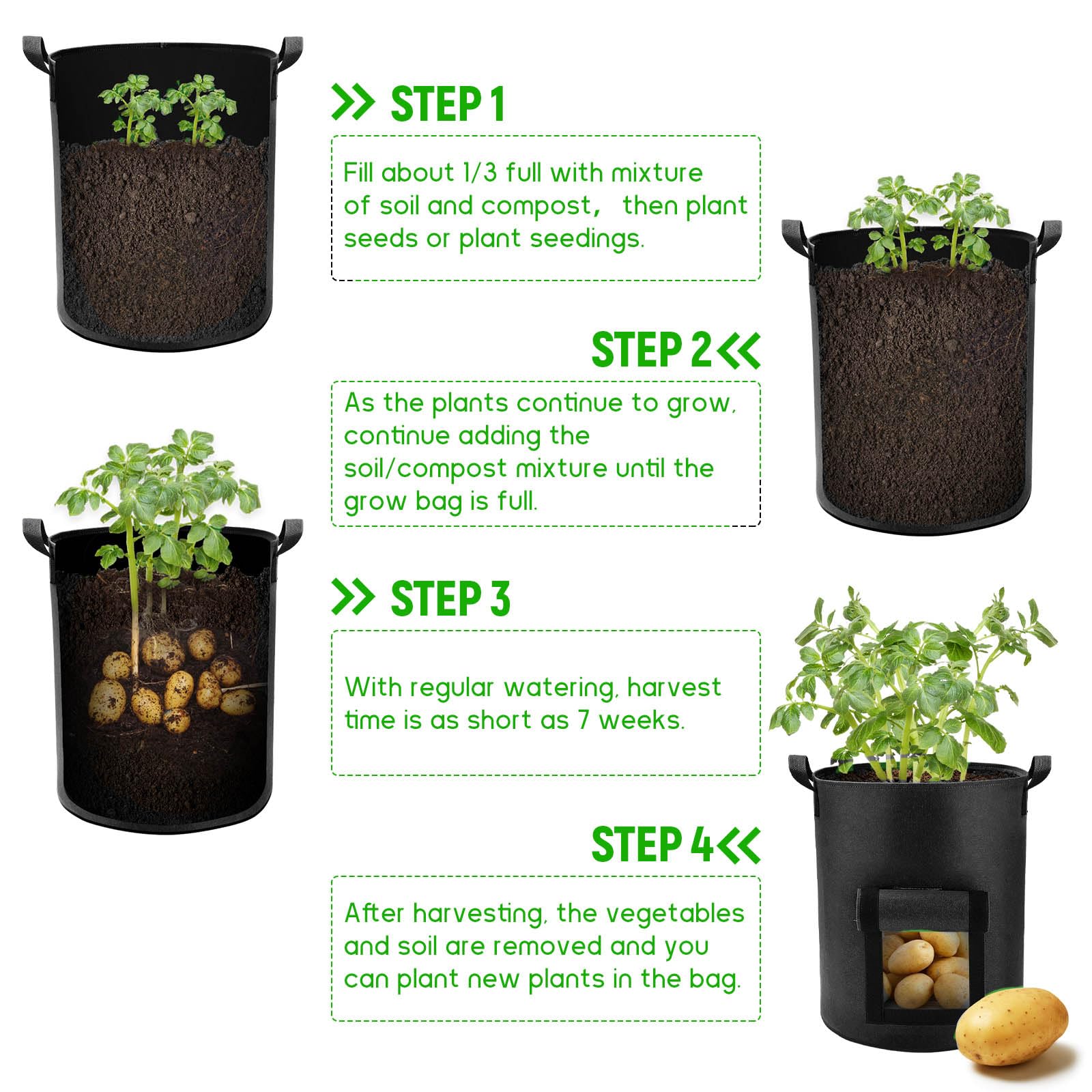 5 Pack 10 Gallon Heavy Duty Potato Grow Bags with Flap & Handles - Fabric Planting Pots for Potatoes, Carrots, Taro - Perfect for Home Gardening, Balcony & Indoor Vegetable Cultivation