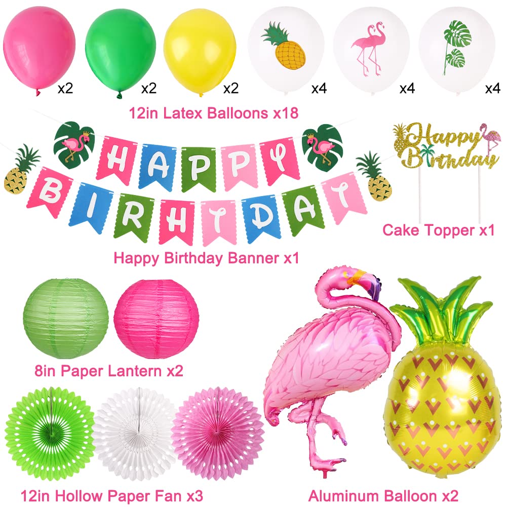 Flamingo Party Supplies & Decorations - Tropical Birthday Banners, Paper Lanterns & Balloons for Hawaiian Luau, Pool Party & Summer Themed Events