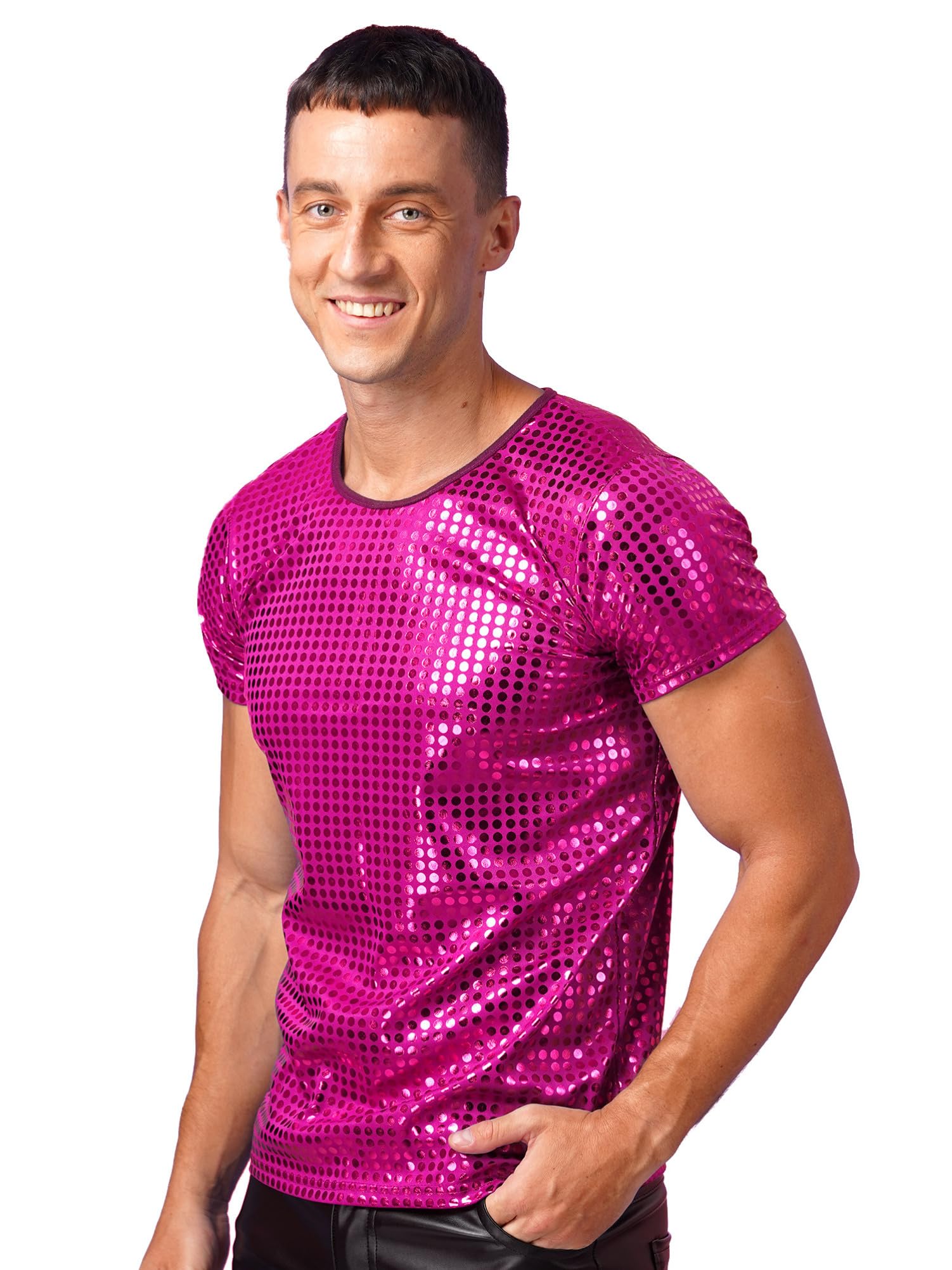 CHICTRY Men's Short Sleeve Sparkle Sequins Shirt - 70s Disco Party T-Shirt for Nightclub, Dance & Retro Events - Glamorous Performance Top for Concerts, Halloween & Costume Parties
