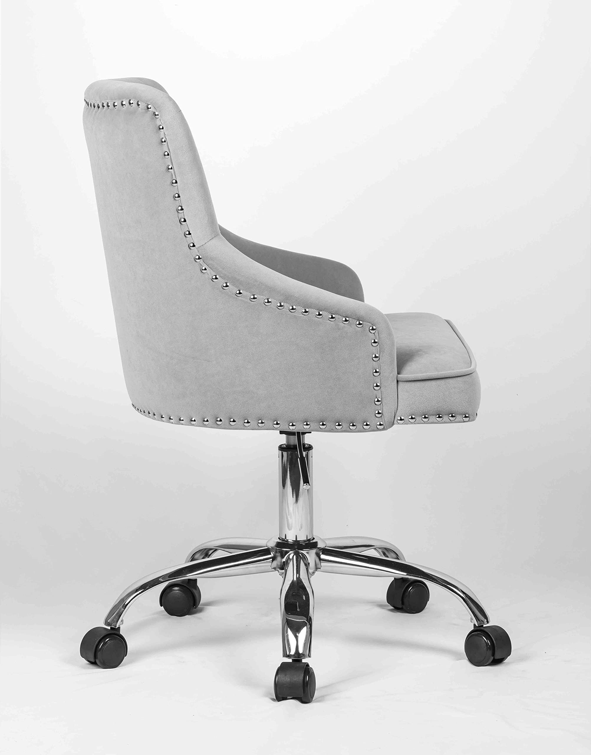 Luxury Velvet Office Chair with Tufted Back & Nailhead Trim - Adjustable Swivel Computer Desk Chair with Arms - Elegant Grey Vanity Chair for Home Office, Bedroom & Dressing Room