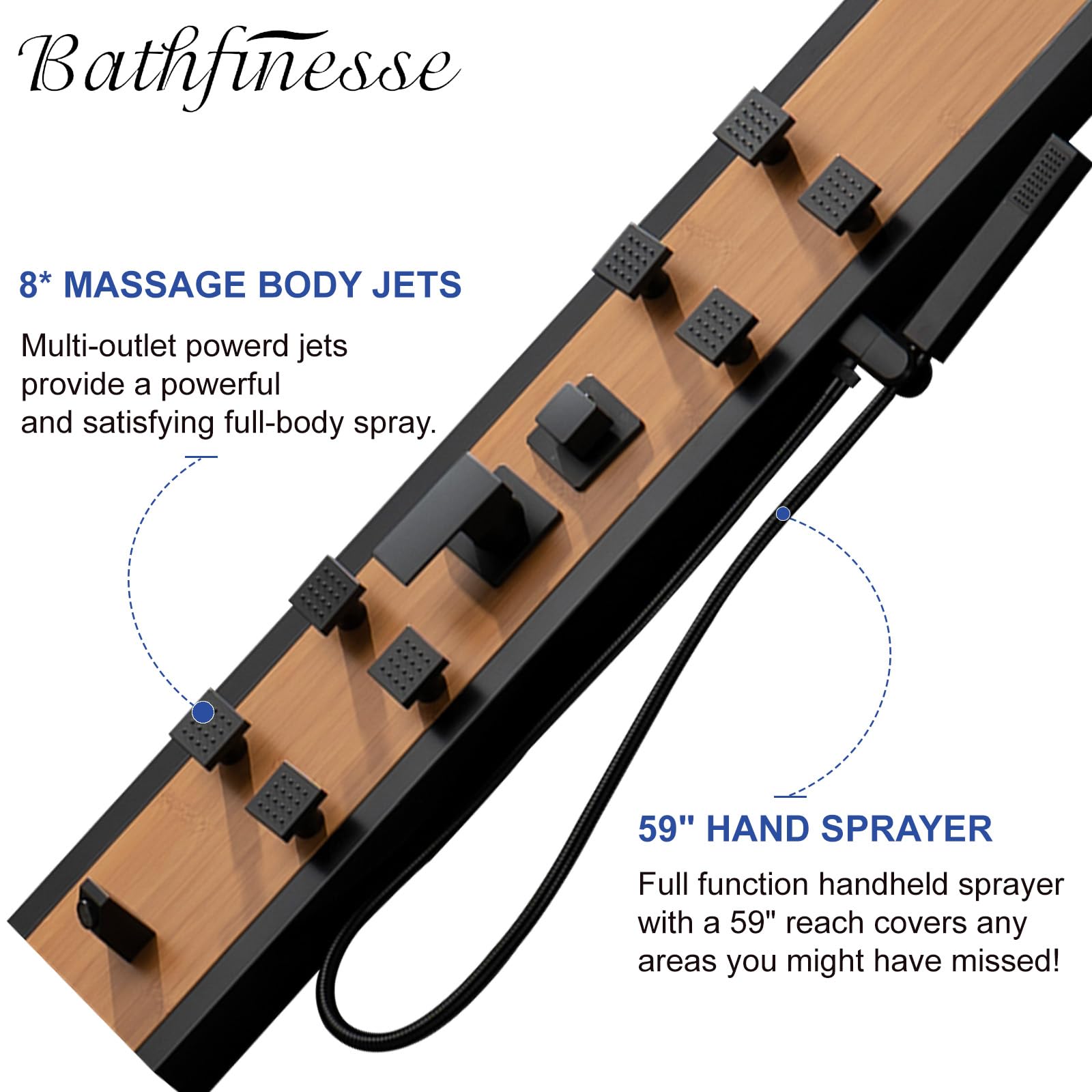 Premium Bamboo & Stainless Steel Shower Tower System with 8 Massage Jets, Adjustable Rainfall Shower Head, Handheld Wand & Tub Spout - Luxury Spa Experience for Master Bathroom Renovation