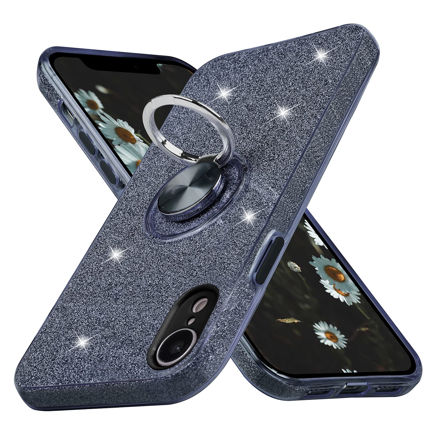 Wisdompro Sparkle Glitter Bling Protective Case with Ring Kickstand for iPhone XR 6.1 Inch - Cute Women Girls Phone Cover in Black | Perfect for Daily Use, Work, and Travel