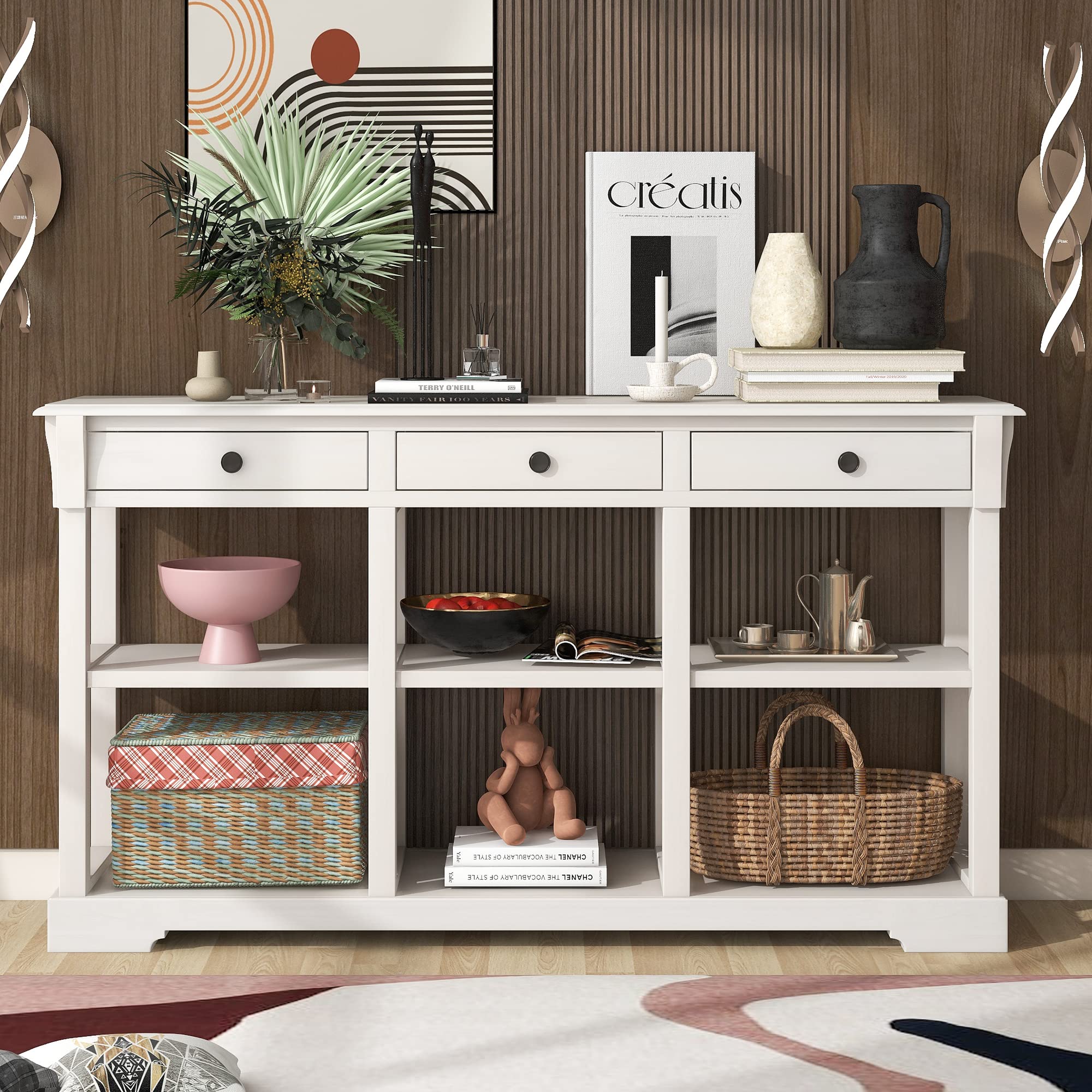 Acacia Wood Console Table with Storage - Retro Kitchen Buffet Cabinet, Sideboard with Open Shelves & 3 Drawers - Entryway, Living Room Accent Furniture (Antique White) | Perfect for Farmhouse Decor, Hallway Organization & Dining Room Storage