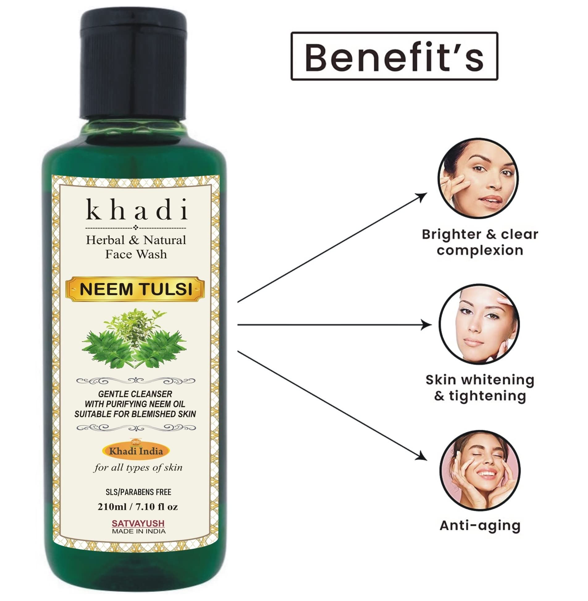 Khadi Neem Tulsi Face Wash 210ml - Herbal Pure & Natural Oil Control Cleanser for Acne & Oily Skin - Pack of 1 - Perfect for Daily Skincare Routine & Deep Cleansing