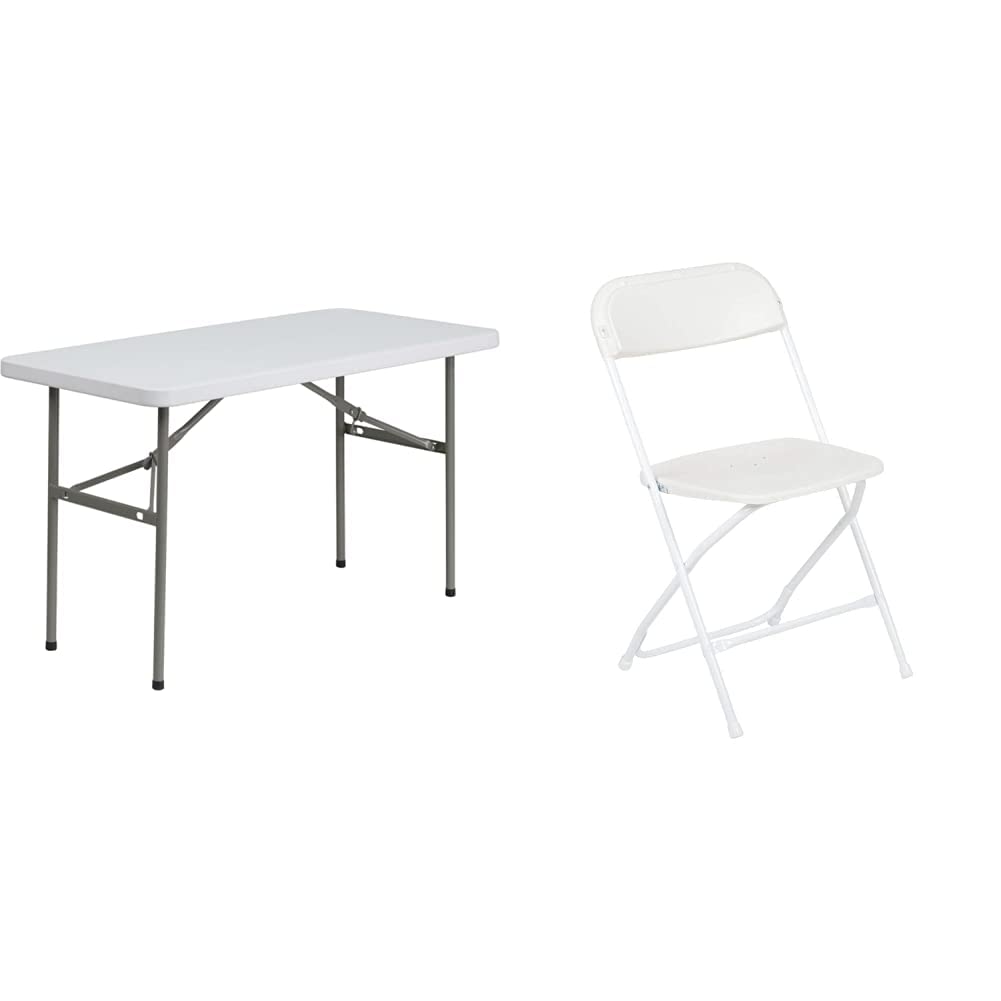 Flash Furniture 4-Foot Granite White Plastic Folding Table & Hercules™ Series Folding Chairs - 2 Pack, 650LB Weight Capacity, Lightweight & Comfortable Event Chairs for Parties, Weddings, and Outdoor Gatherings