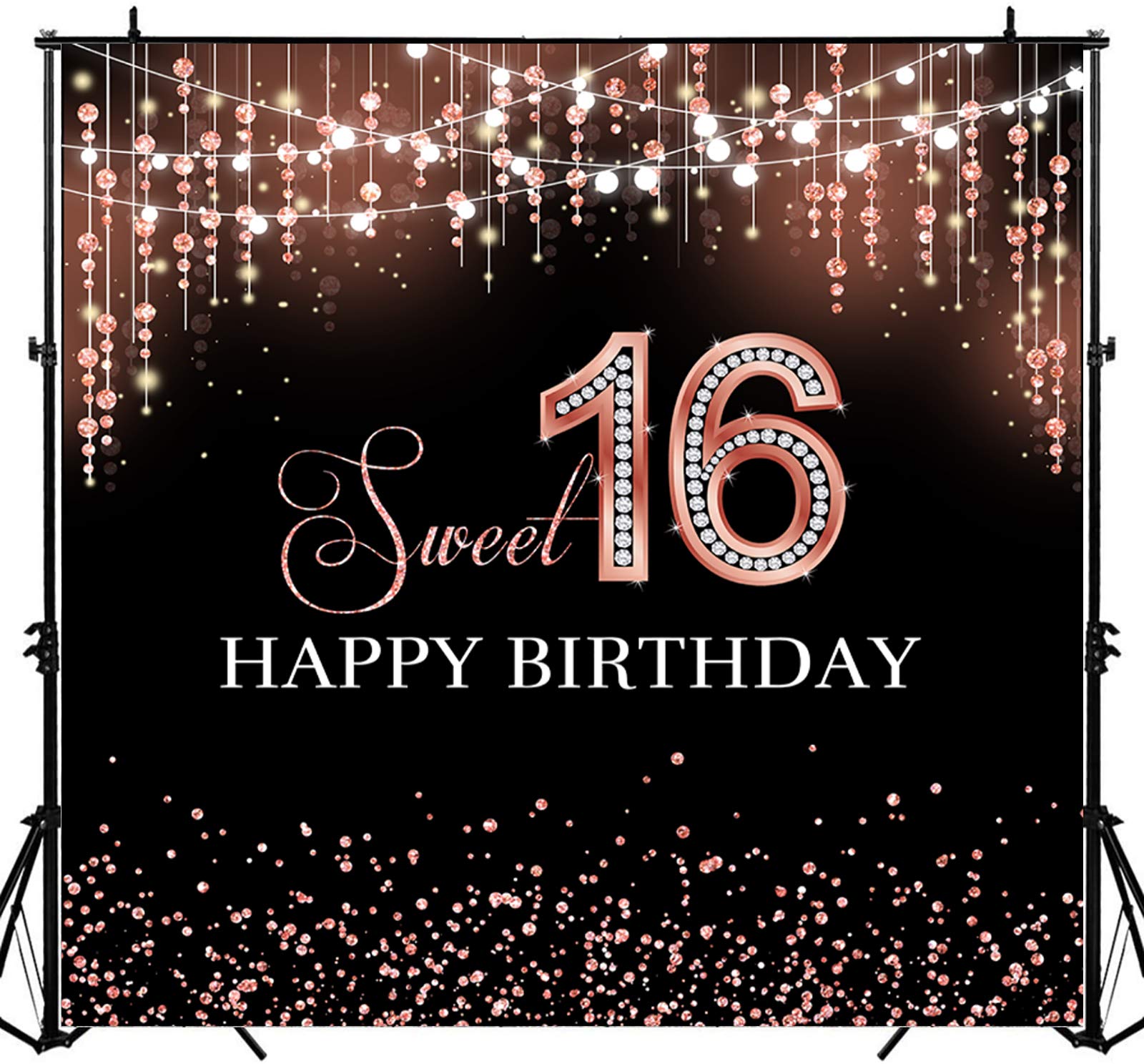 Rose Gold Glitter Diamond Princess Sweet 16 Birthday Backdrop - 8x8ft Photography Background for Girls' Sweet Sixteen Party Decor, Photo Booth & Celebration Scenes