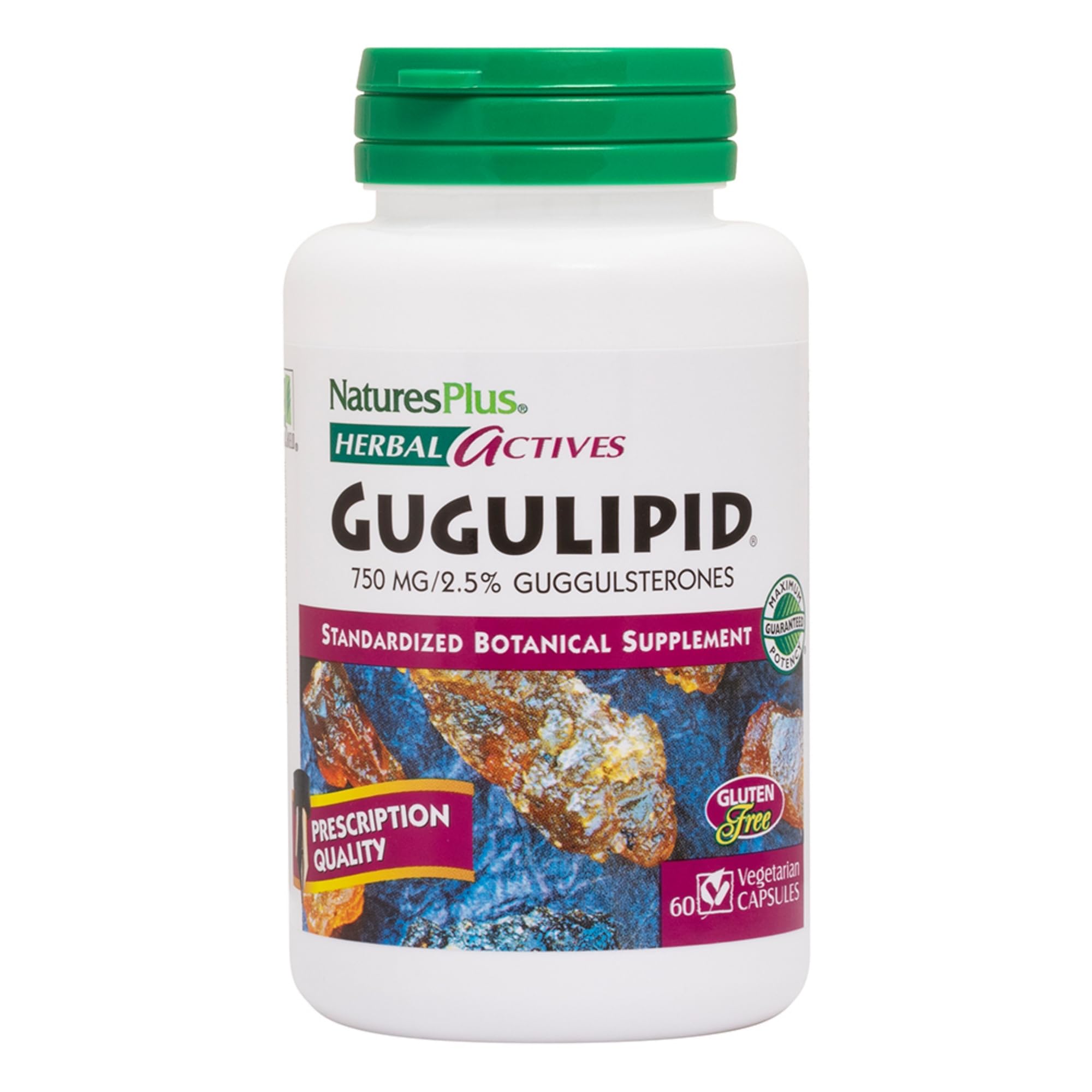 NaturesPlus Herbal Actives Gugulipid 750mg - 2.5% Guggulsterones - 60 Vegan Capsules - Ayurvedic Botanical Supplement for Cholesterol & Weight Management - Maximum Potency Vegetarian Gluten-Free Formula - Supports Thyroid & Joint Health - 60 Servings