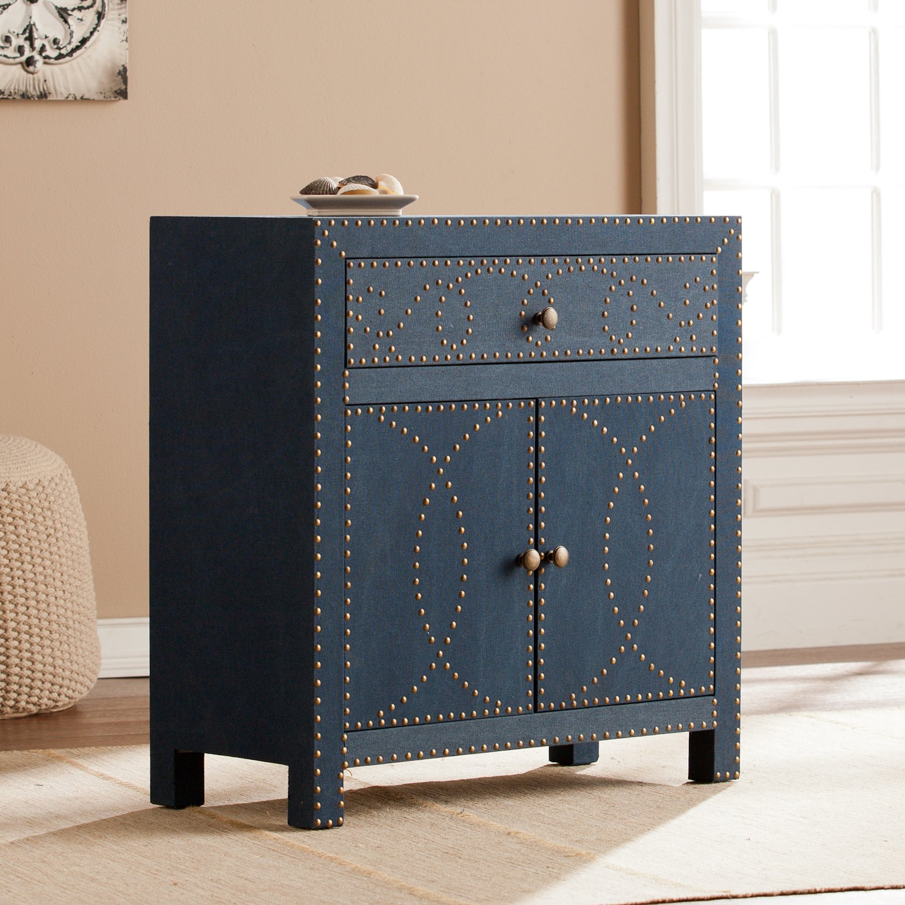 SEI FURNITURE Florian Double Door Navy Cabinet - Ornate Design Storage Cabinet with Removable Shelf - Perfect for Living Room, Bedroom, or Office Organization