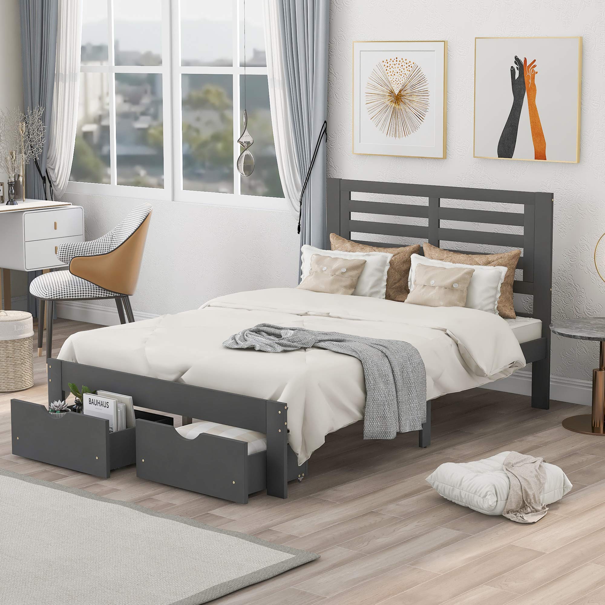 Livspace Solid Wood Platform Bed with Storage Drawers - Gray, Perfect for Kids' Bedroom & Small Spaces