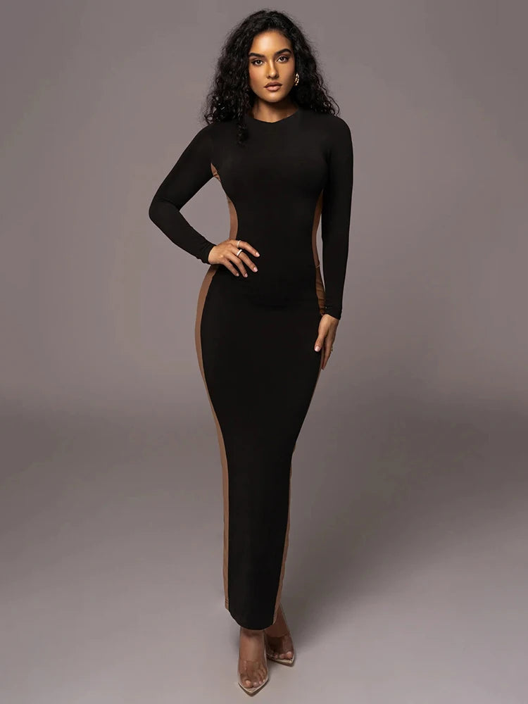 Women's Autumn/Winter Long Sleeve Hollow Out Split Bodycon Dress - Stretchy Tight Maxi Dress for Party, Club & Evening Wear | Elegant Night Out & Special Occasion Outfit