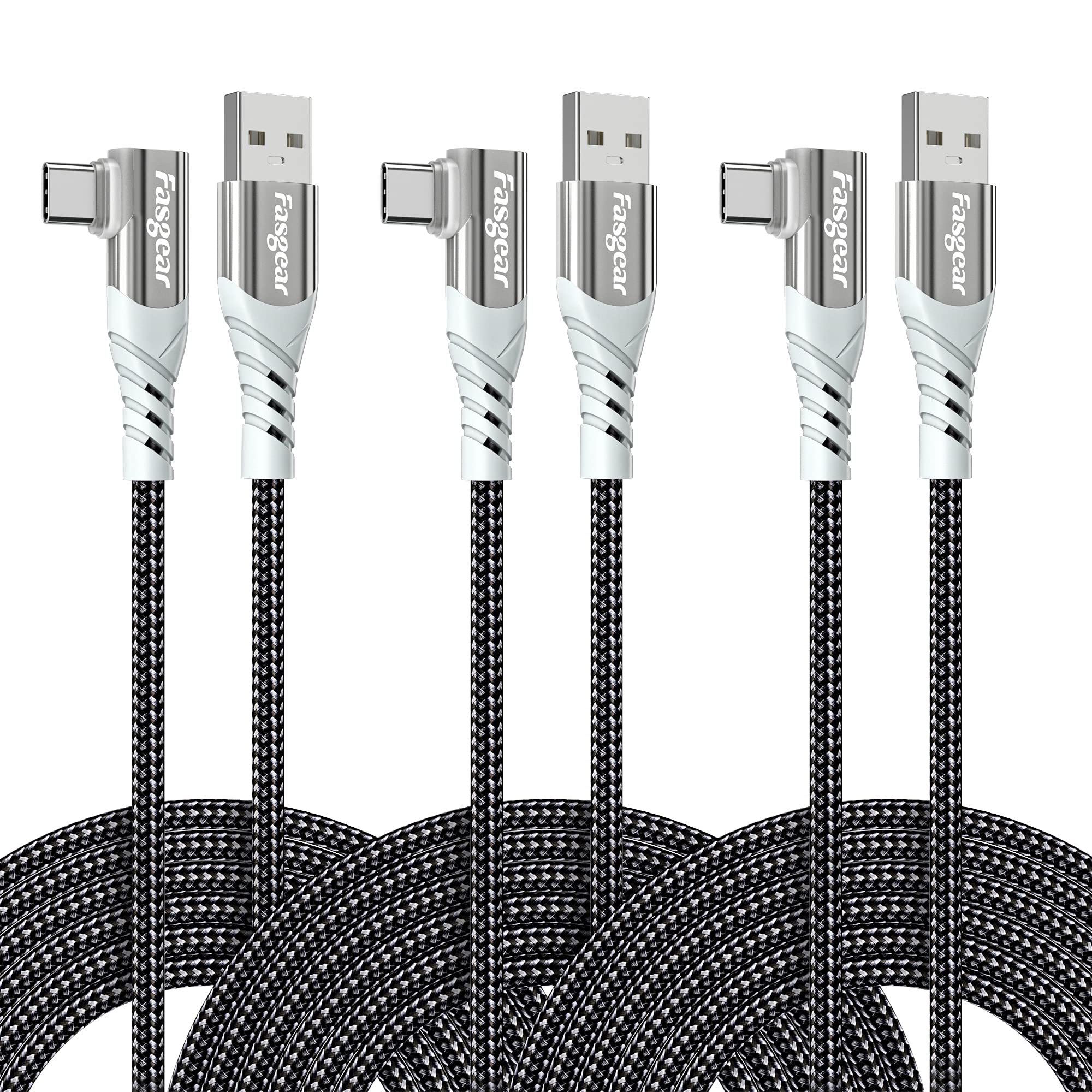 Fasgear 3-Pack 10ft USB C to USB A Cable - 3A Fast Charging Braided Right Angle Cord for PS5 Controller, Samsung A14, Galaxy S10, Moto G73, TCL 10L, LG Velvet - Durable Charging & Data Sync for Gaming, Travel & Home Use