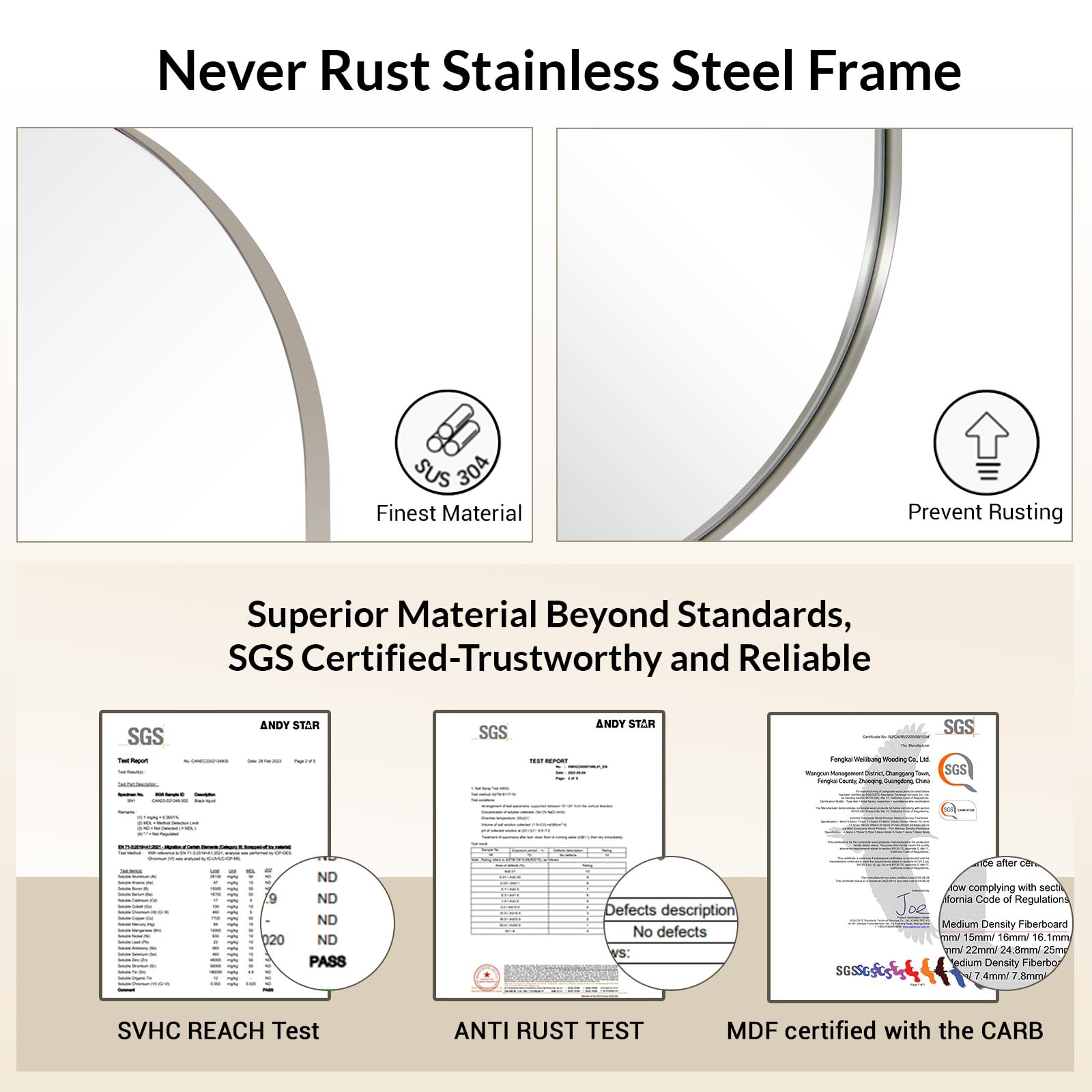 ANDY STAR 24x40 Inch Oval Bathroom Mirror with Polished Nickel SUS304 Metal Frame - Wall Mounted Vertical/Horizontal Rustproof Vanity Mirror for Bathroom Decor, Makeup, Shaving & Home Improvement